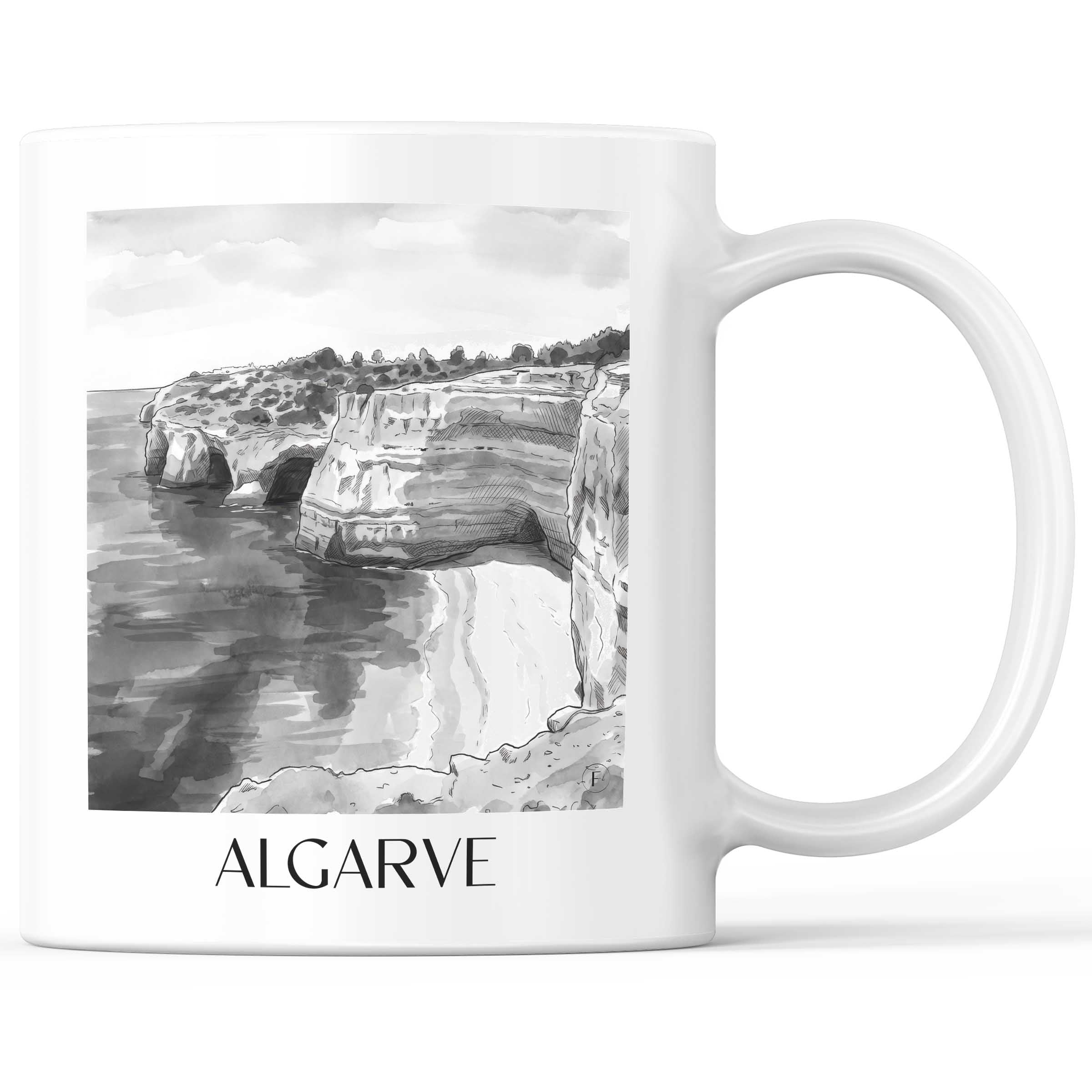 Algarve - Portugal Becher - Kaffeetasse im Aquarell Schwarz-Weiß Stil - favplace