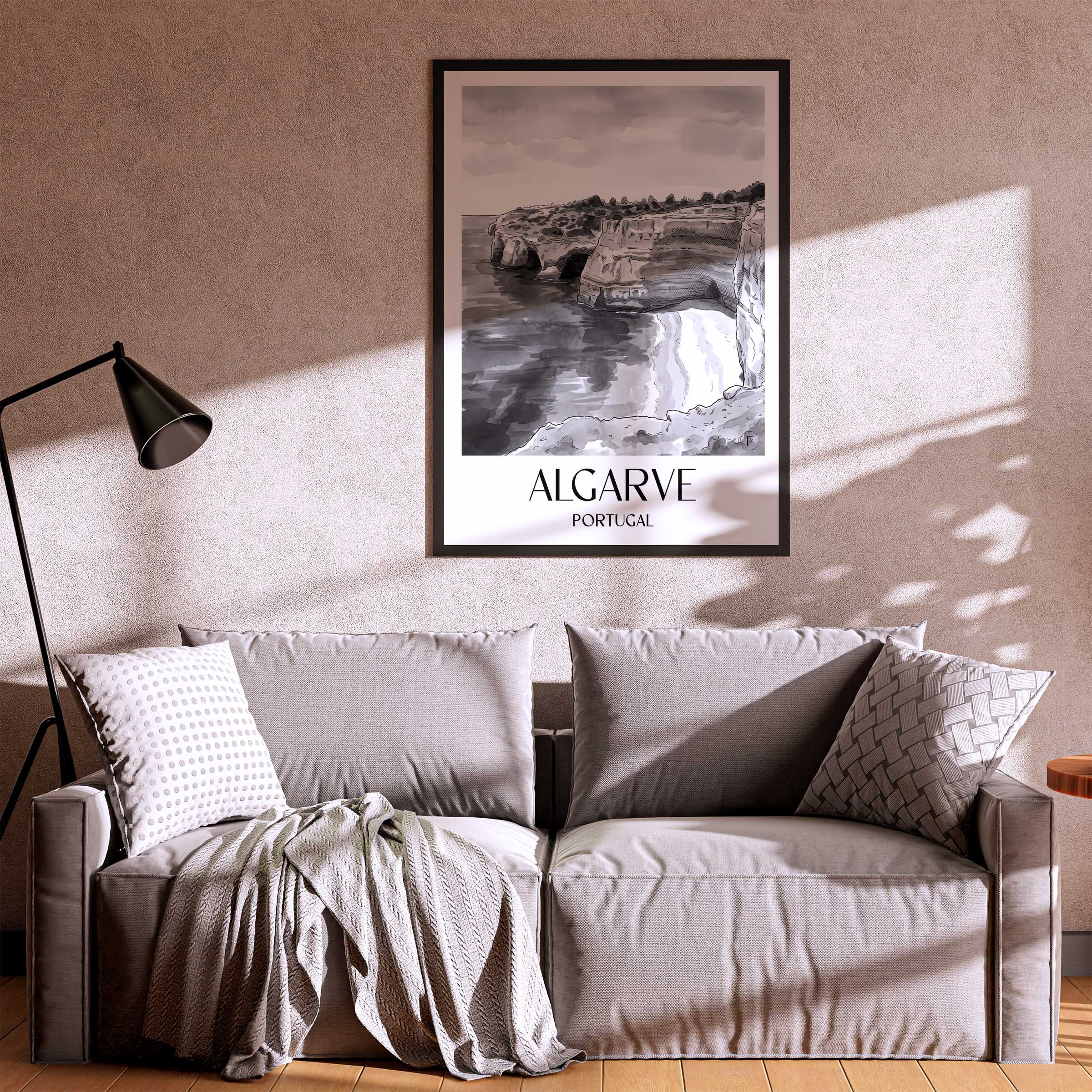 algarve-portugal-poster-aquarell-schwarz-weiss