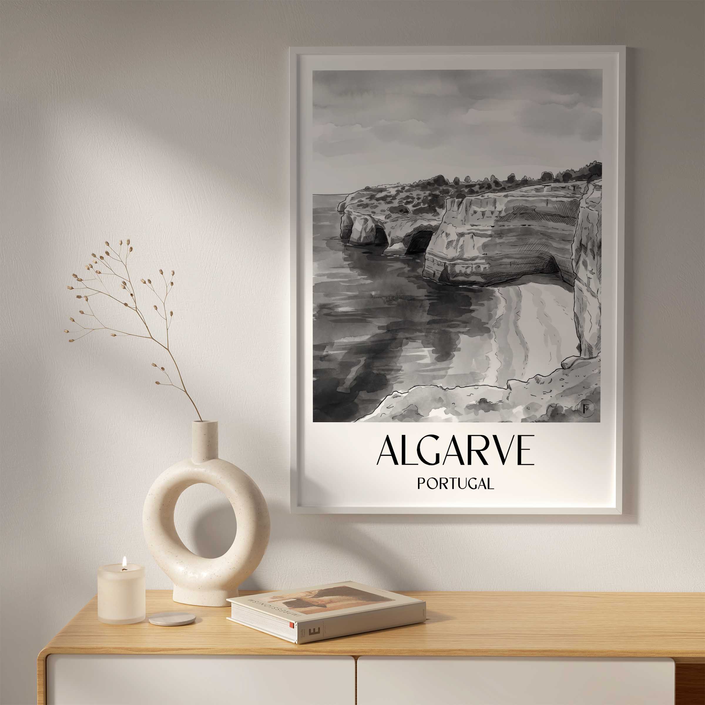 algarve-portugal-poster-aquarell-schwarz-weiss
