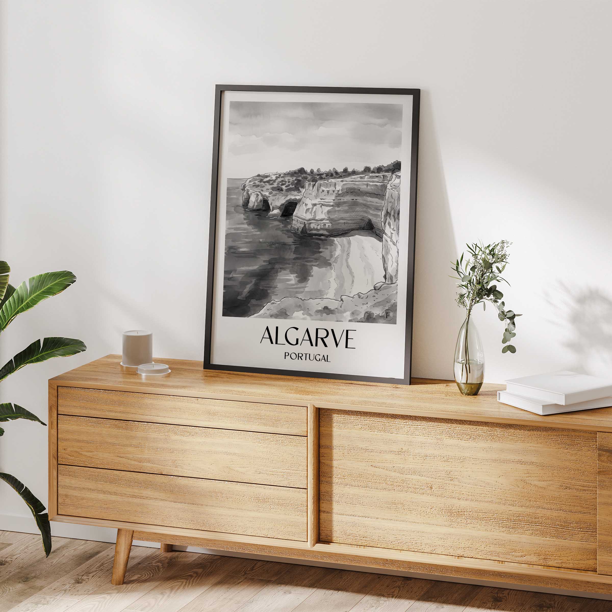 algarve-portugal-poster-aquarell-schwarz-weiss