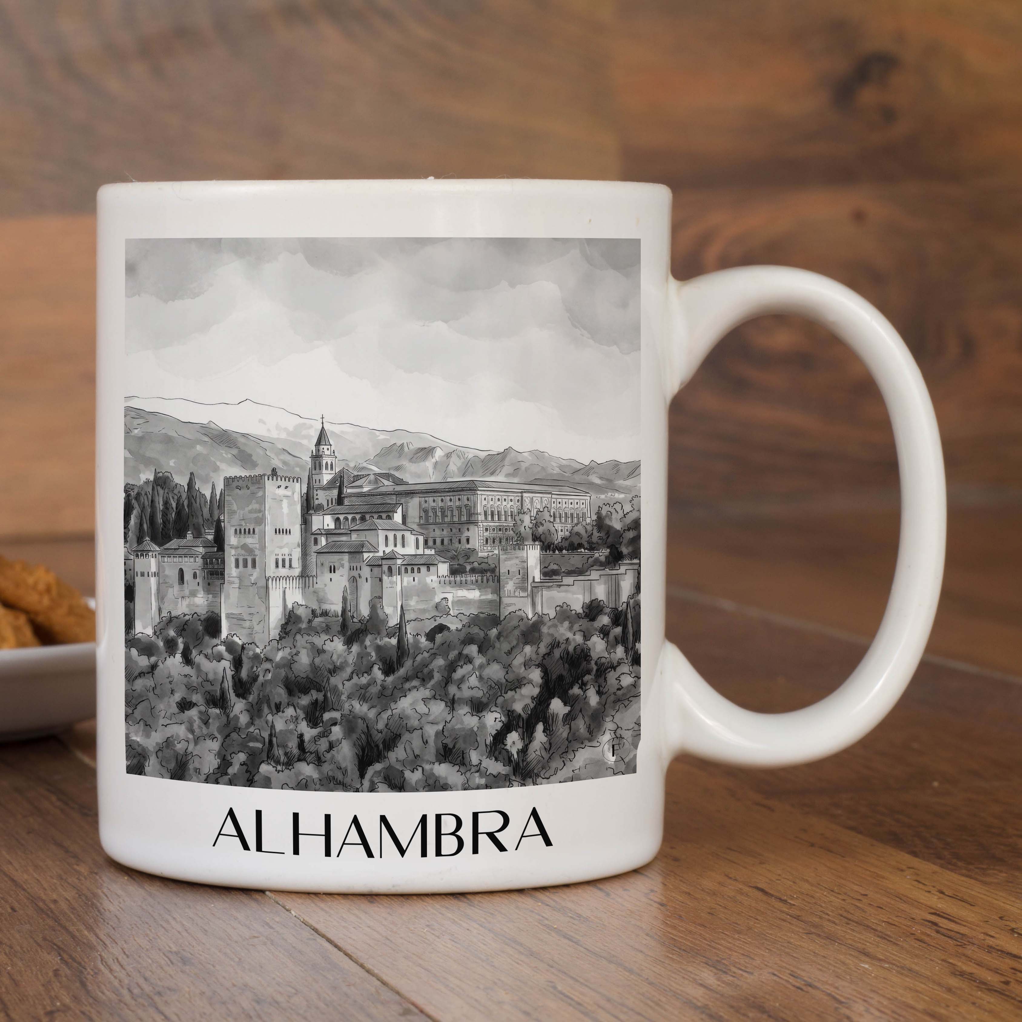 alhambra-granada-spanien-kaffeebecher-aquarell-schwarz-weiss