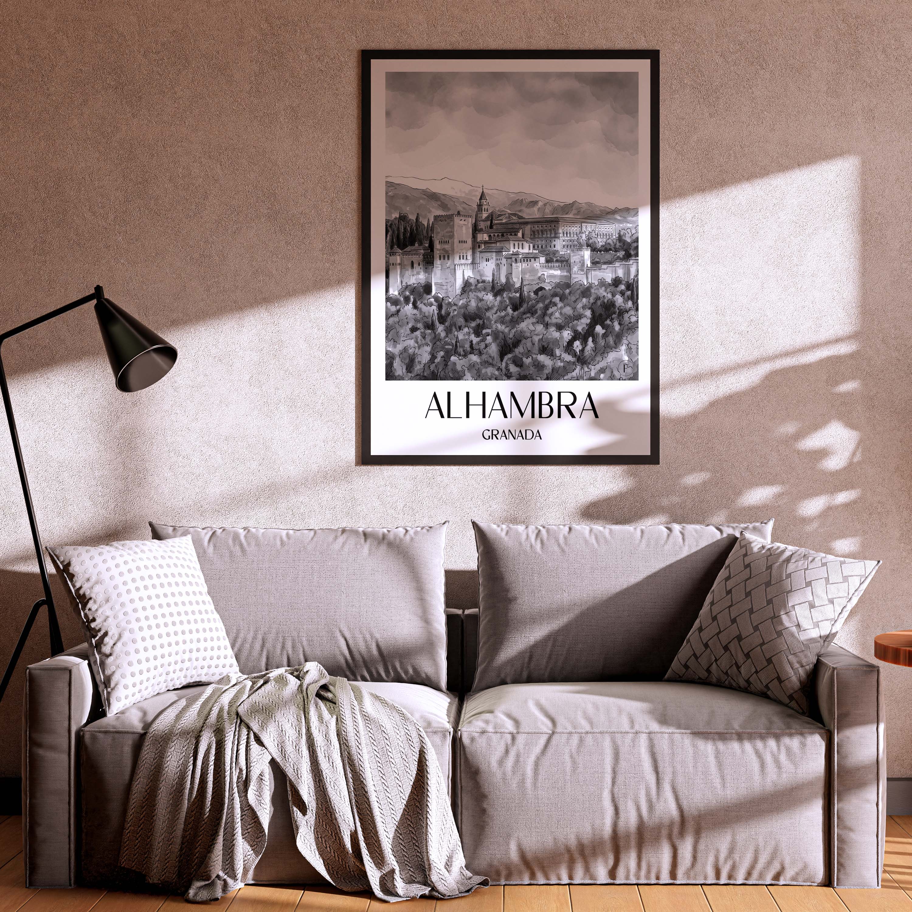 alhambra-granada-spanien-poster-aquarell-schwarz-weiss