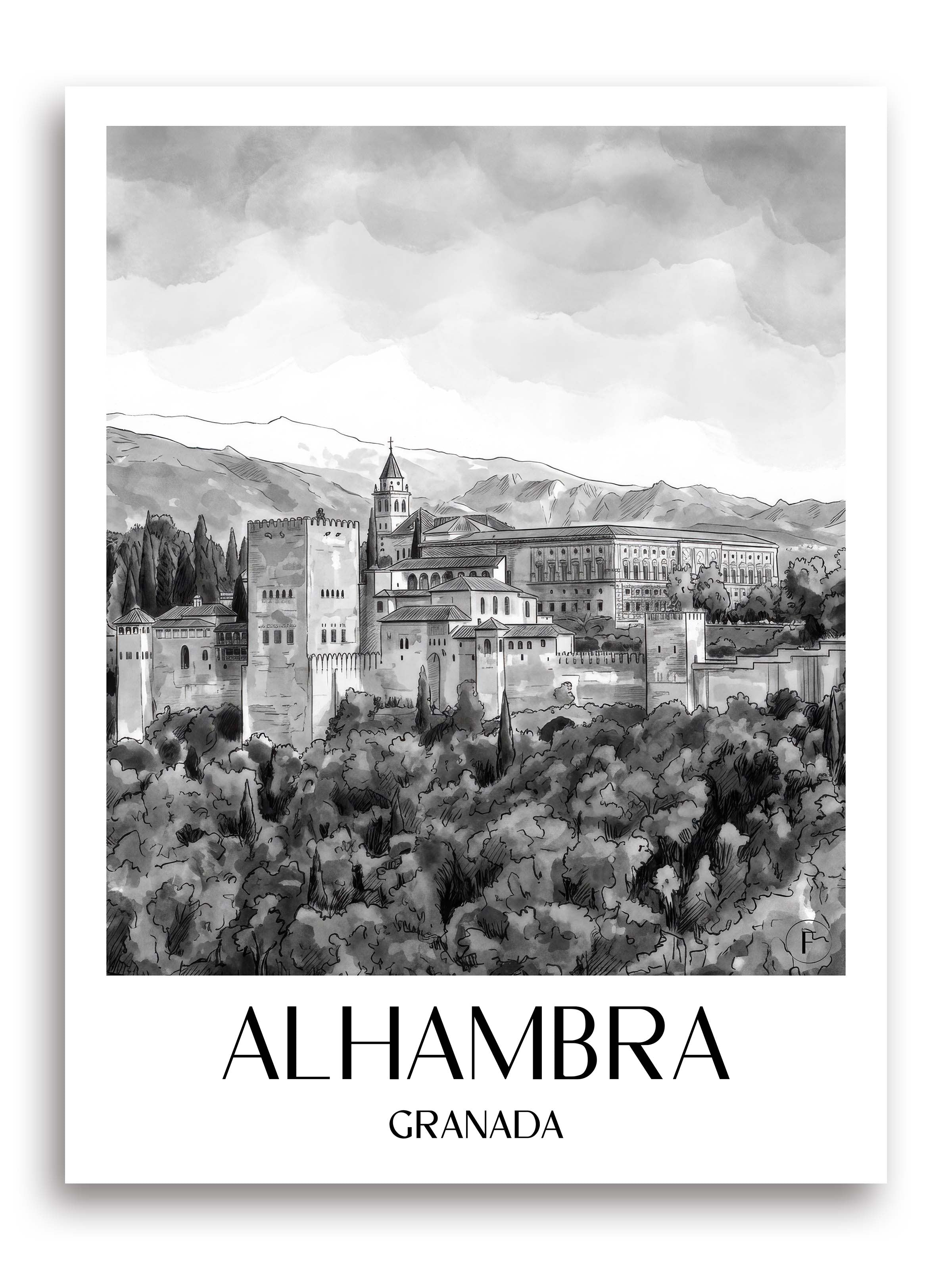Alhambra Poster - Granada - Spanien Kunstdruck - Aquarell Schwarz-Weiß von A4 bis A1 - favplace