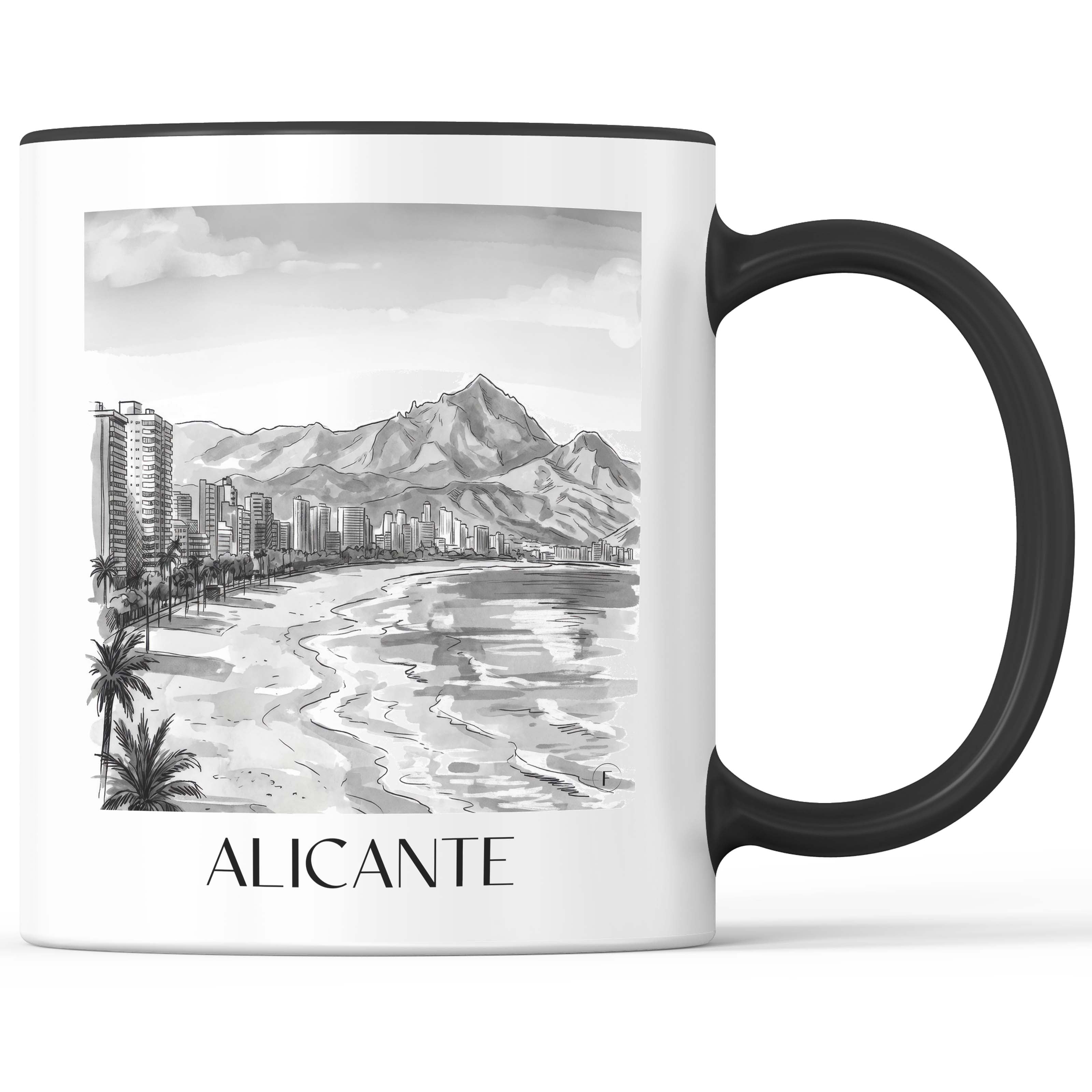 alicante-spanien-spanien-kaffeebecher-aquarell-schwarz-weiss