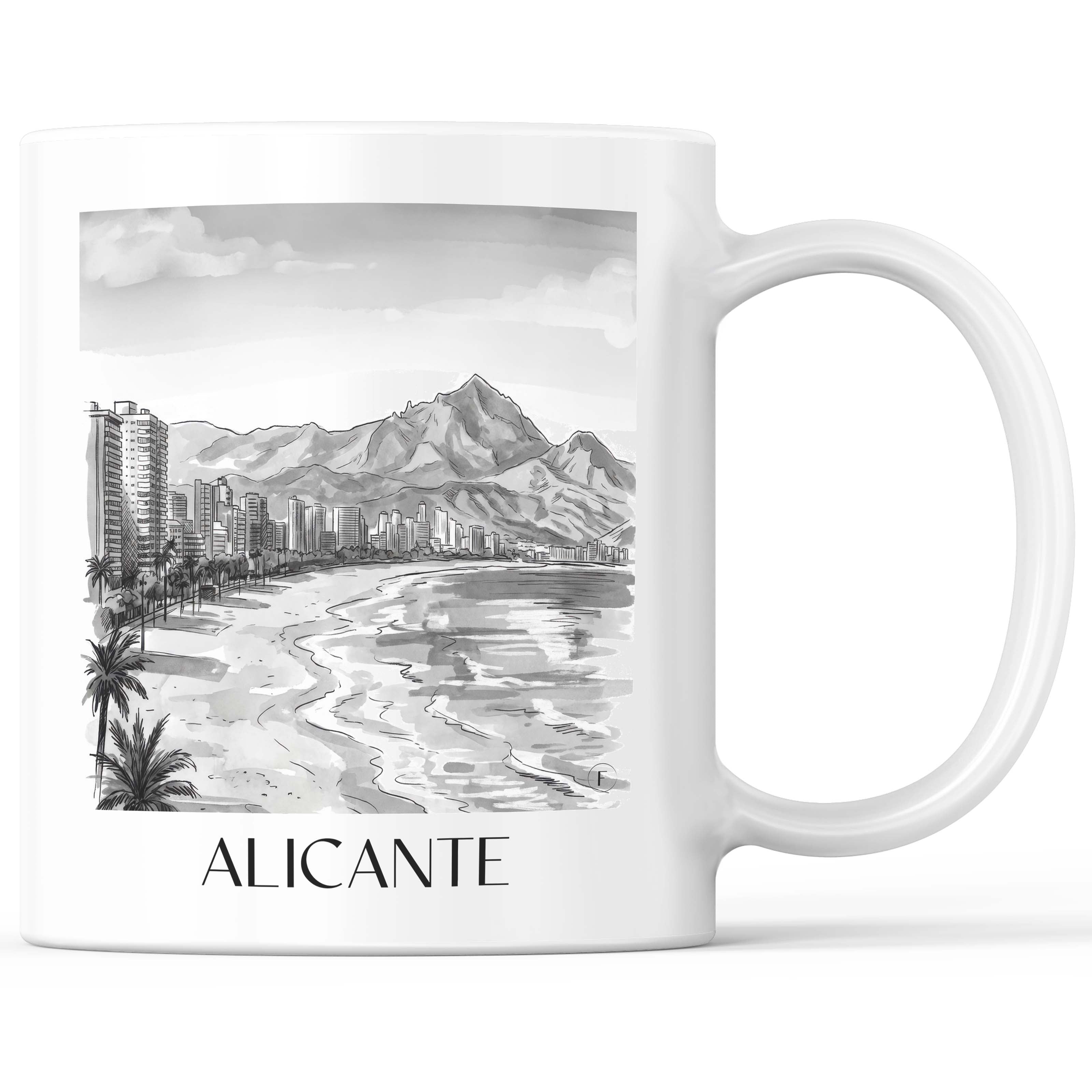 Alicante Kaffeebecher - Spanien - Spanien Becher - Kaffeetasse im Aquarell Schwarz-Weiß Stil - favplace