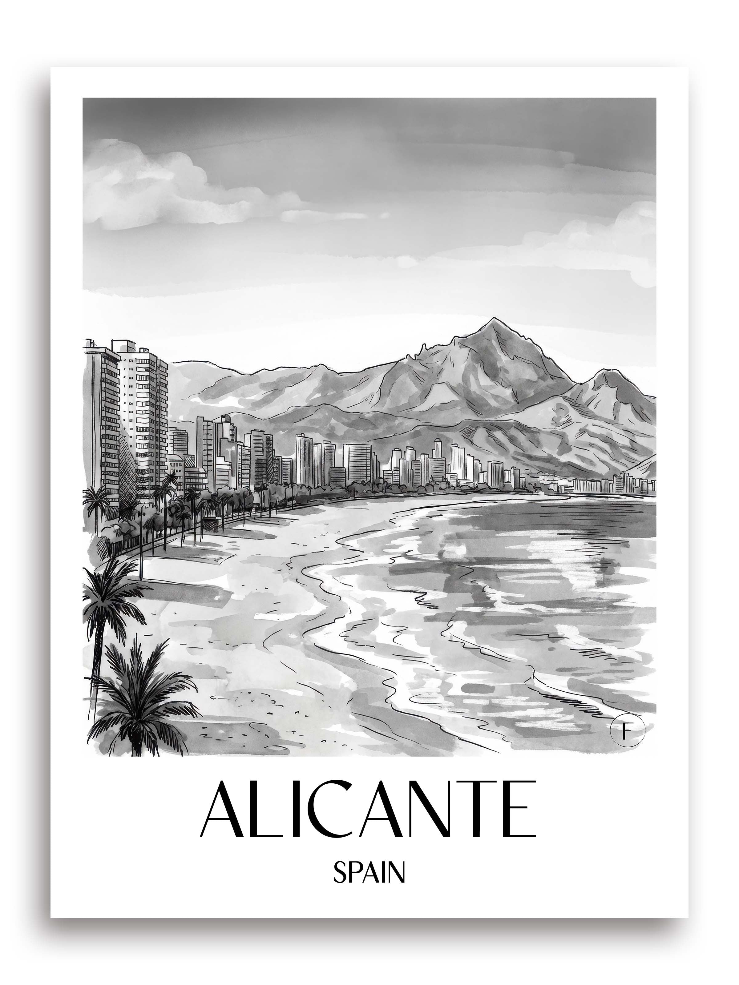 Alicante Poster - Spanien - Spanien Kunstdruck - Aquarell Schwarz-Weiß von A4 bis A1 - favplace