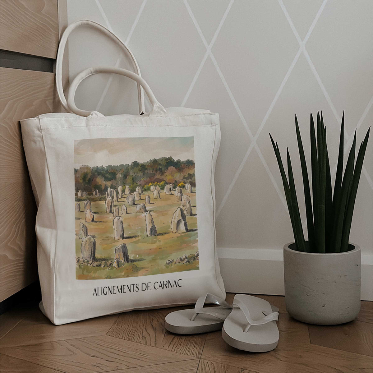 alignements-de-carnac-golfe-du-morbihan-frankreich-einkaufstasche-aquarell