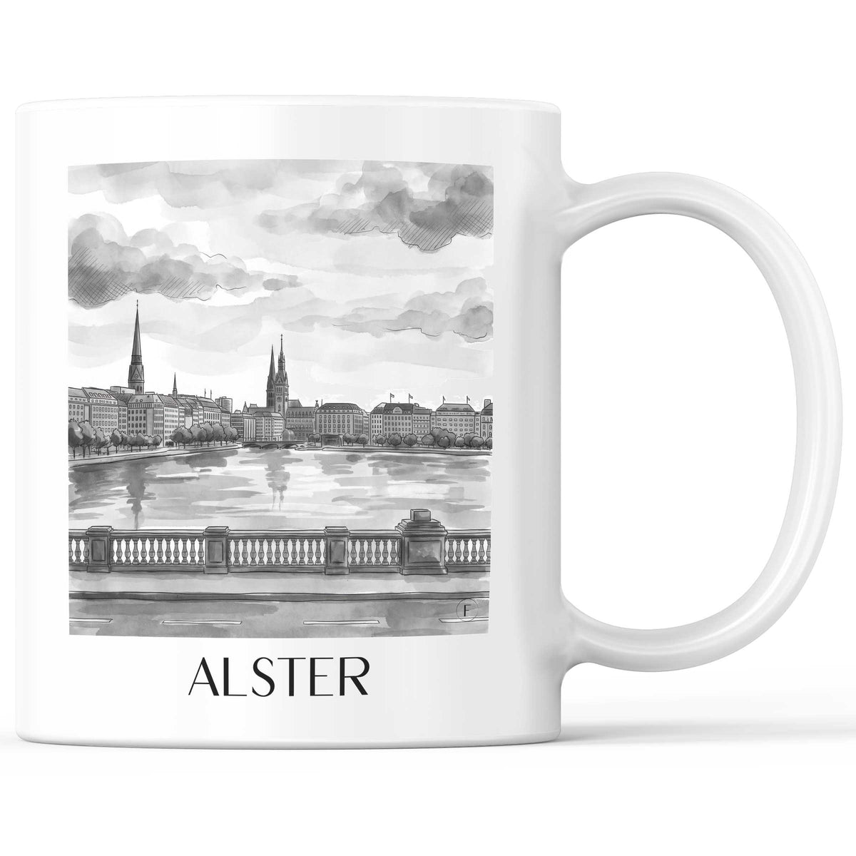 Alster Kaffeebecher - Hamburg - Deutschland Becher - Kaffeetasse im Aquarell Schwarz-Weiß Stil - favplace