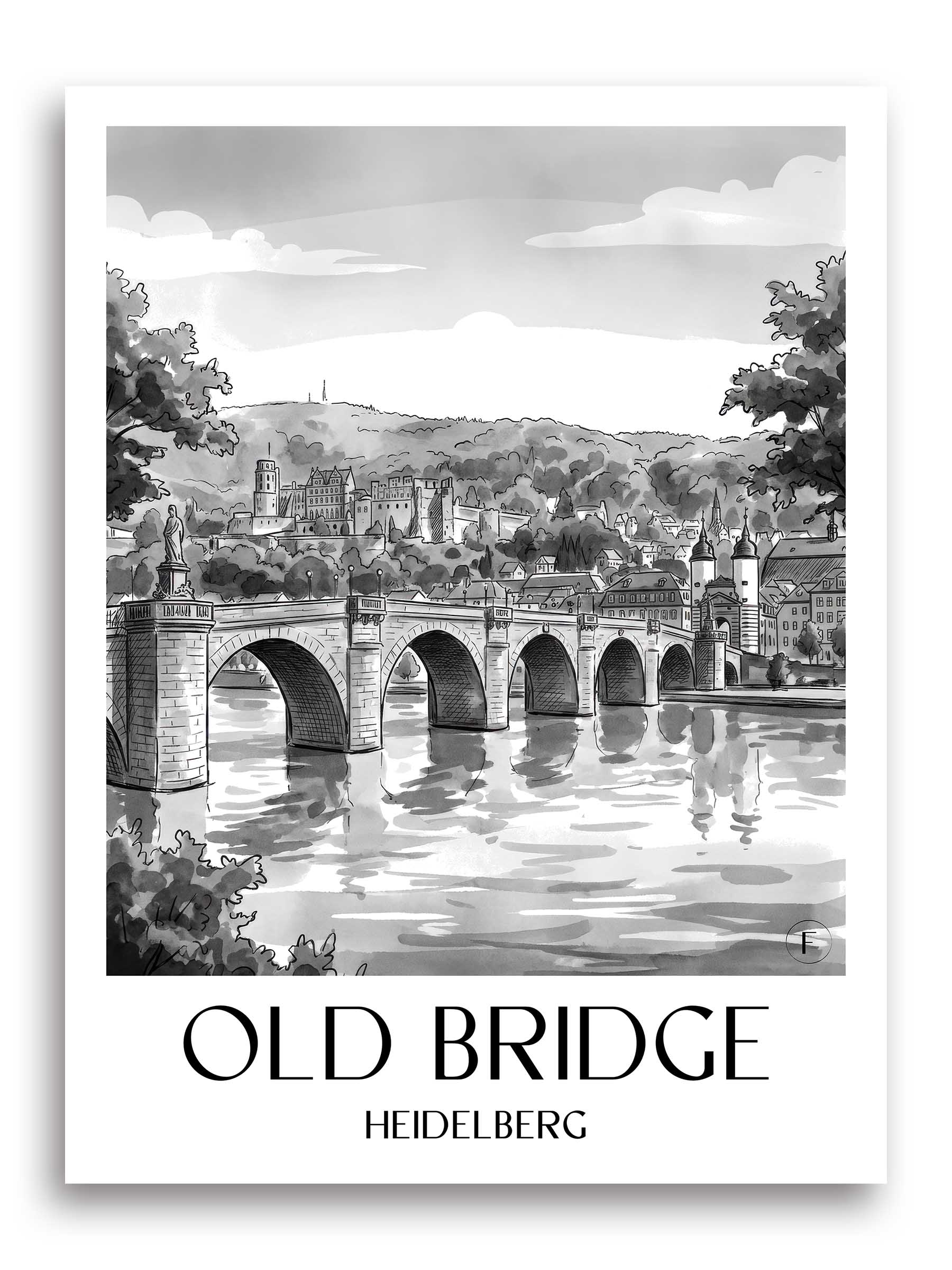 Alte Brücke Poster - Heidelberg - Deutschland Kunstdruck - Aquarell Schwarz-Weiß von A4 bis A1