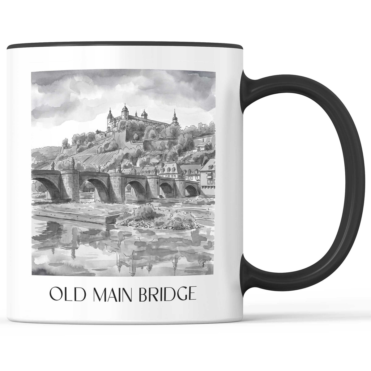 Alte Mainbrücke Kaffeebecher - Würzburg - Deutschland Becher - Kaffeetasse im Aquarell Schwarz-Weiß Stil - favplace