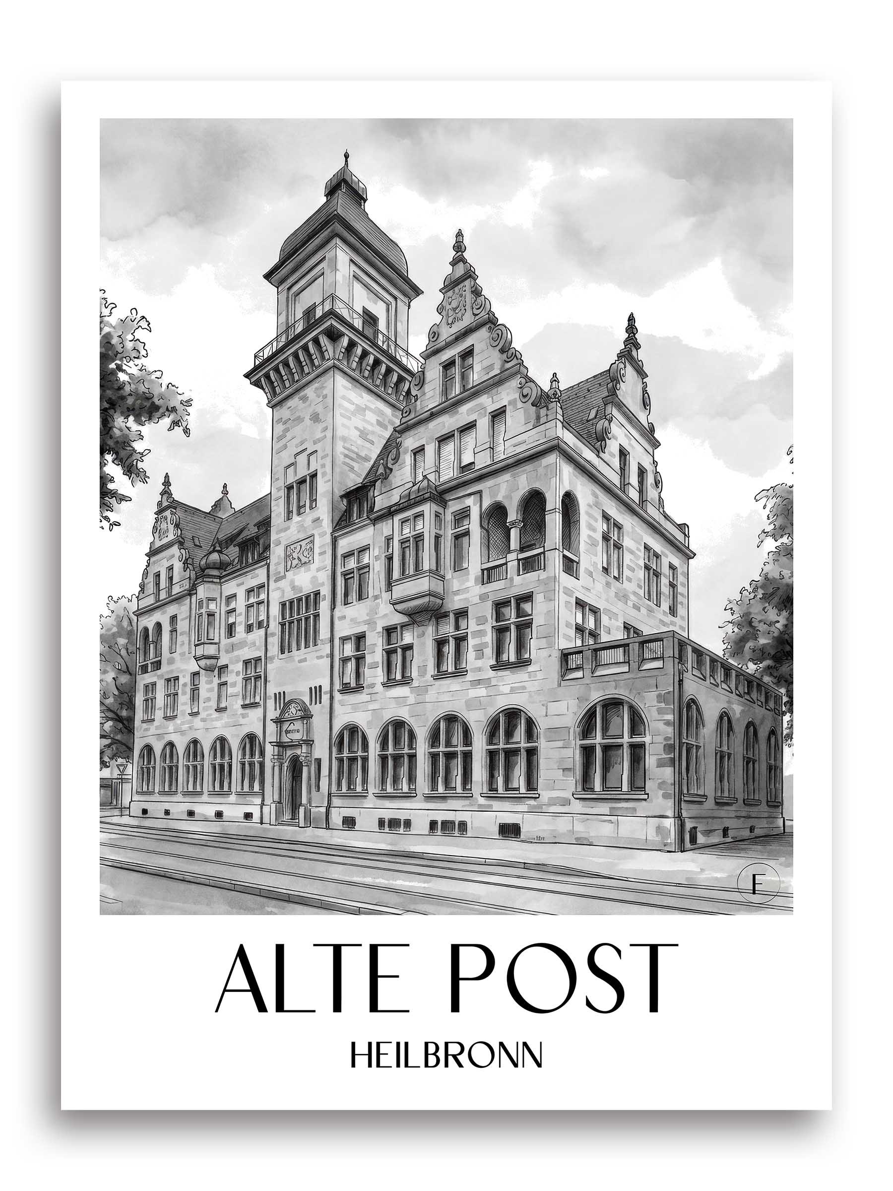 alte-post-heilbronn-deutschland-poster-aquarell-schwarz-weiss