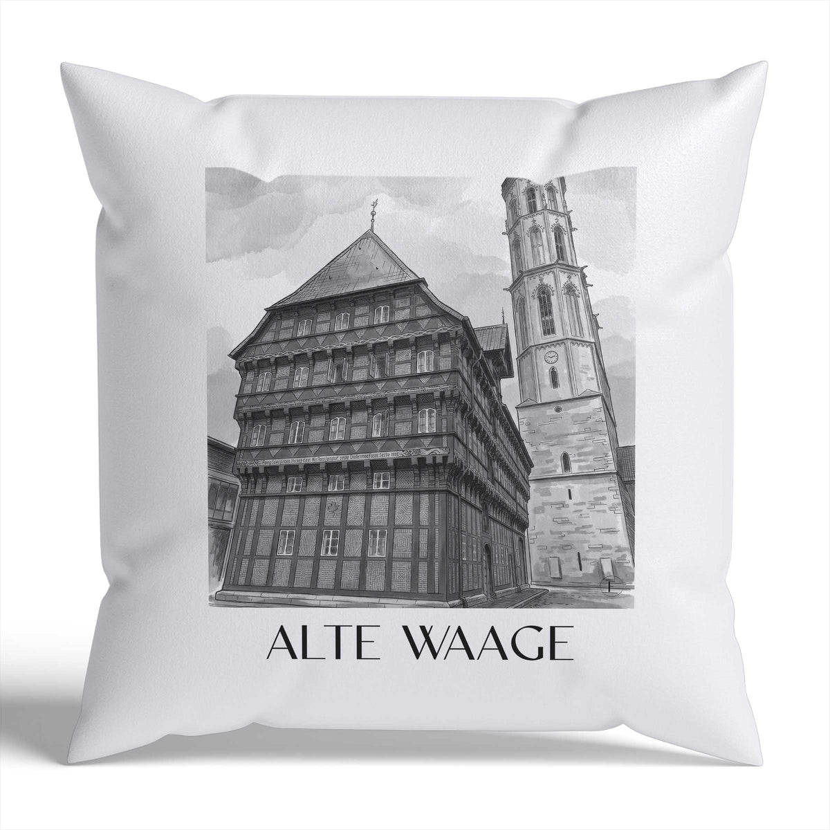 alte-waage-braunschweig-deutschland-kissenbezug-aquarell-schwarz-weiss