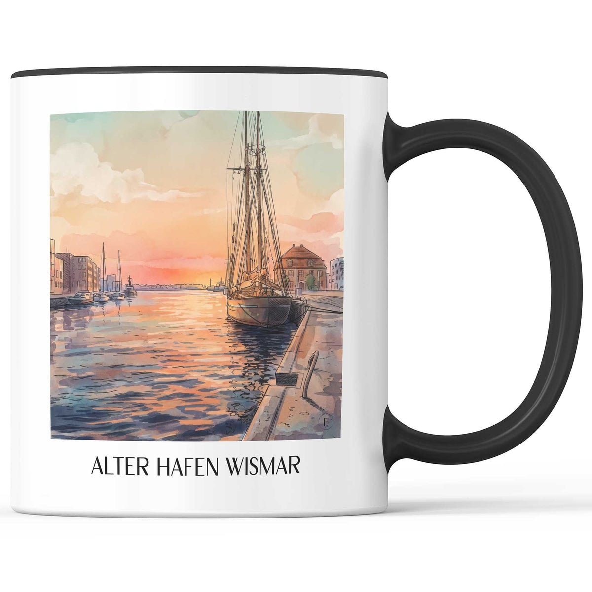 alter-hafen-wismar-deutschland-kaffeebecher-aquarell