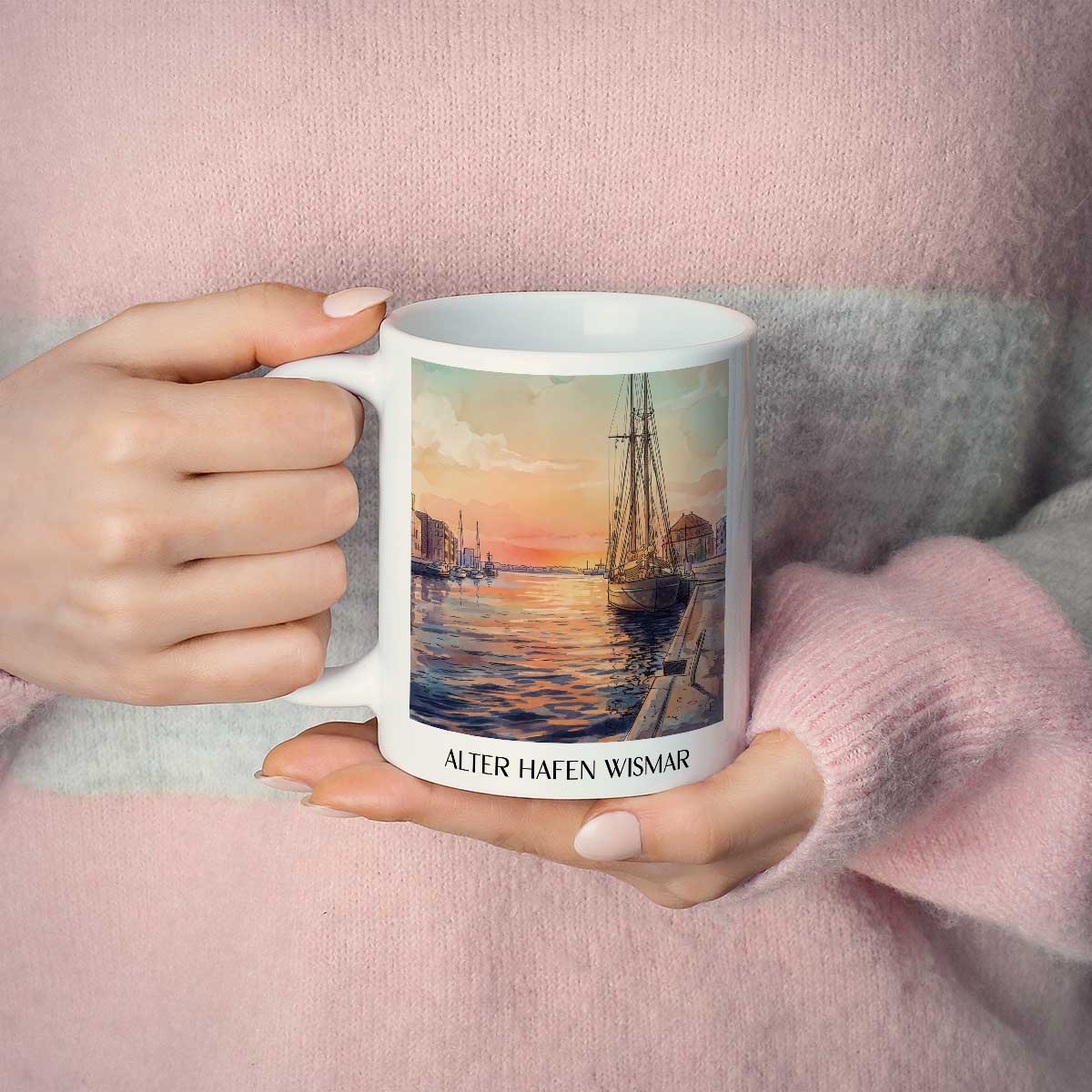 alter-hafen-wismar-deutschland-kaffeebecher-aquarell