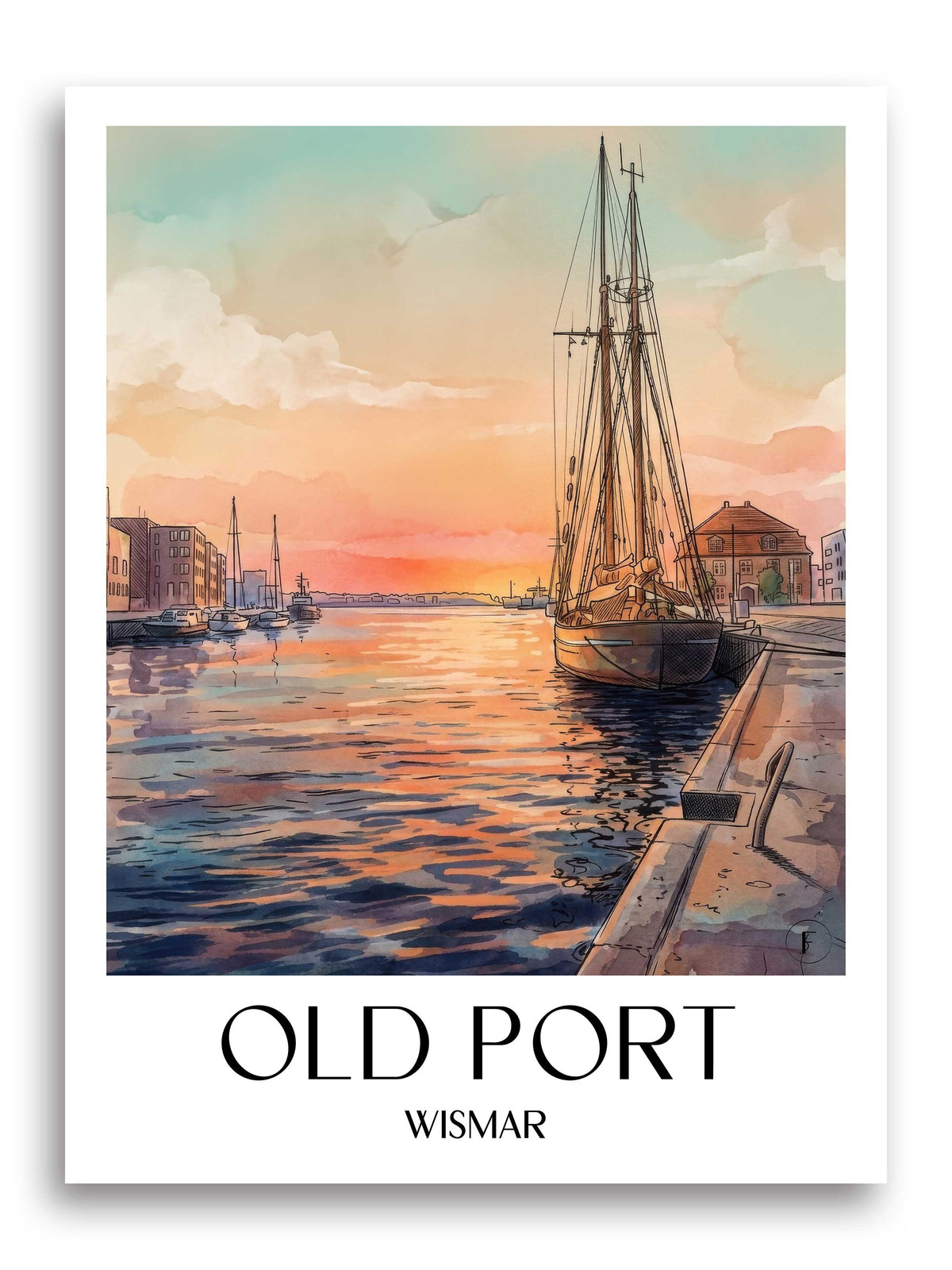 Alter Hafen Poster - Wismar - Deutschland Kunstdruck - Aquarell von A4 bis A1 - favplace
