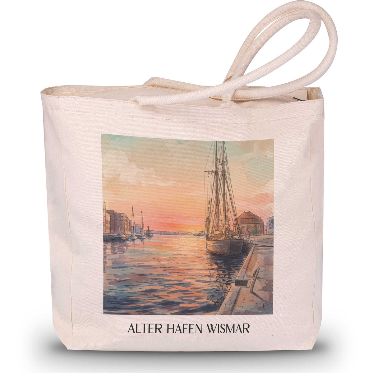 alter-hafen-wismar-deutschland-einkaufstasche-aquarell