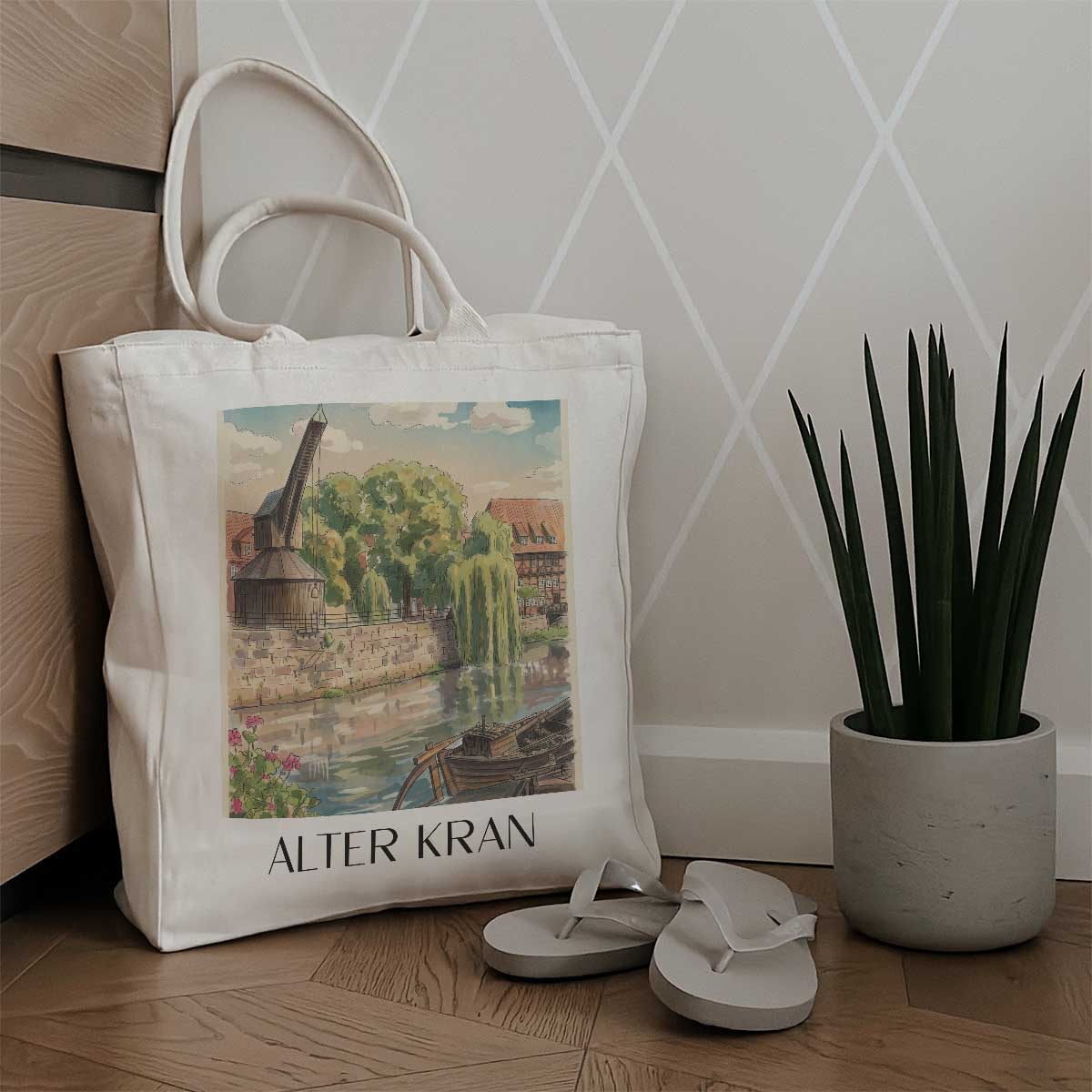 alter-kran-lüneburg-deutschland-einkaufstasche-aquarell