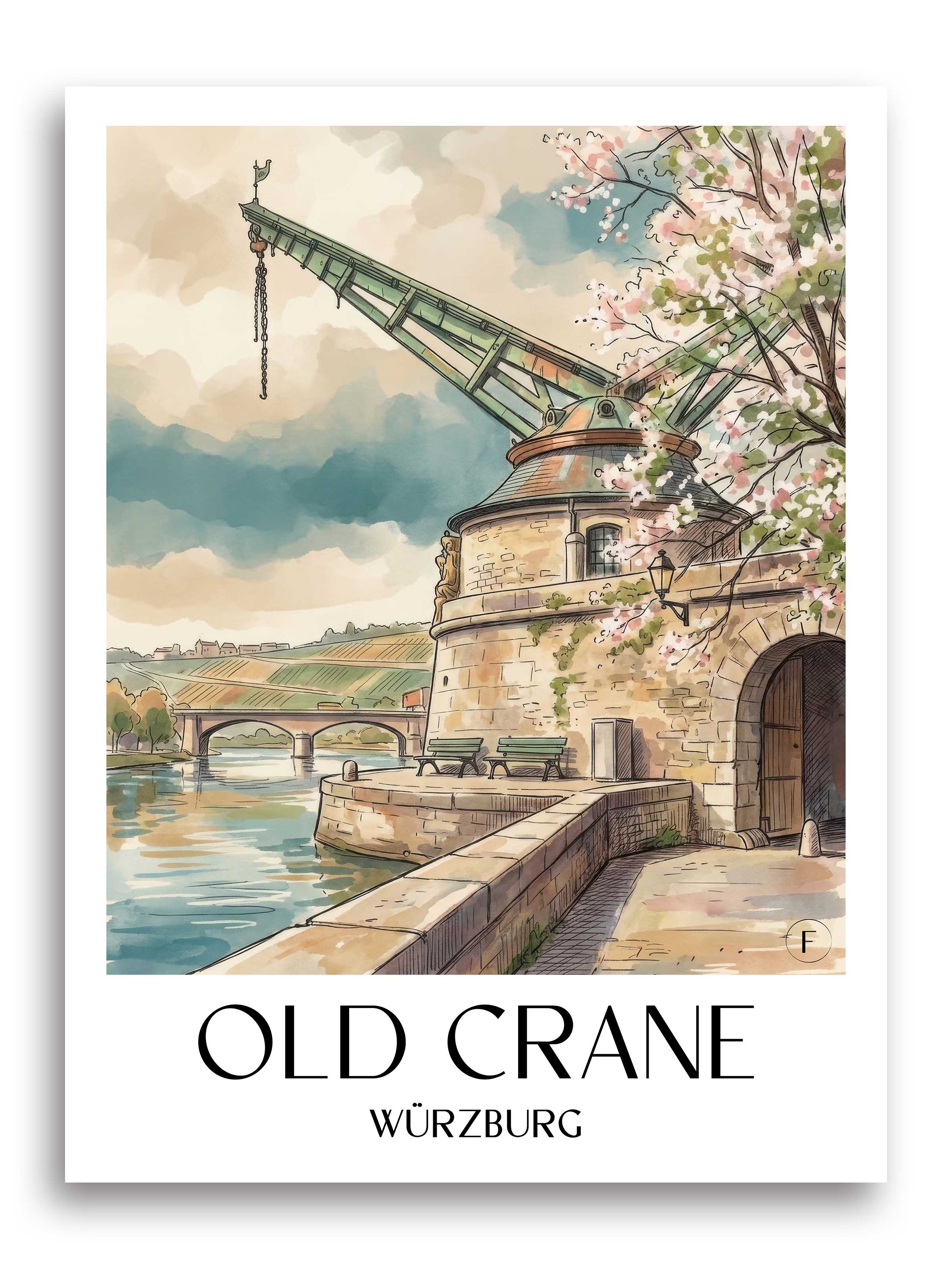 Alter Kranen Poster - Würzburg - Deutschland Kunstdruck - Aquarell von A4 bis A1 - favplace