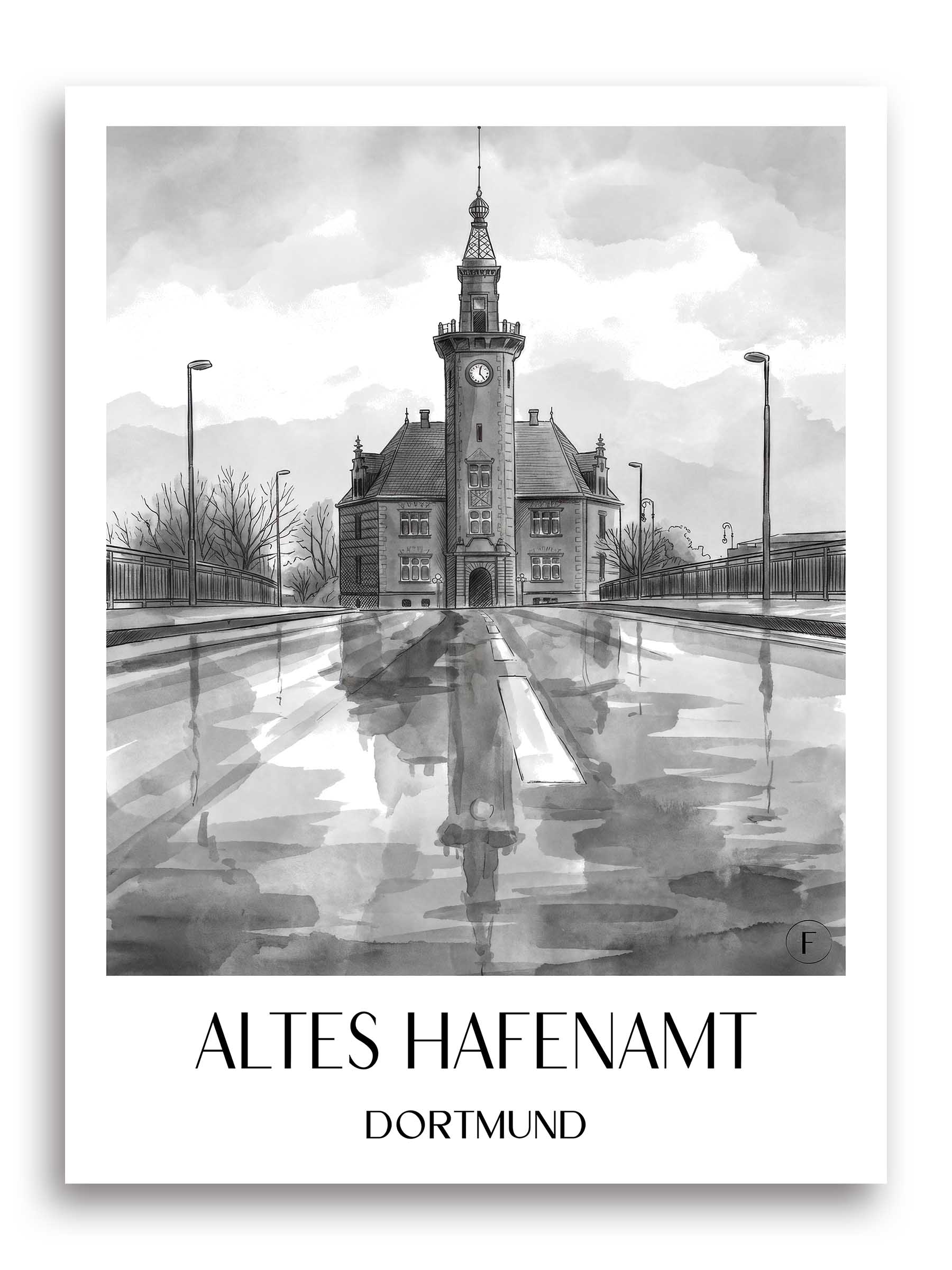altes-hafenamt-dortmund-deutschland-poster-aquarell-schwarz-weiss