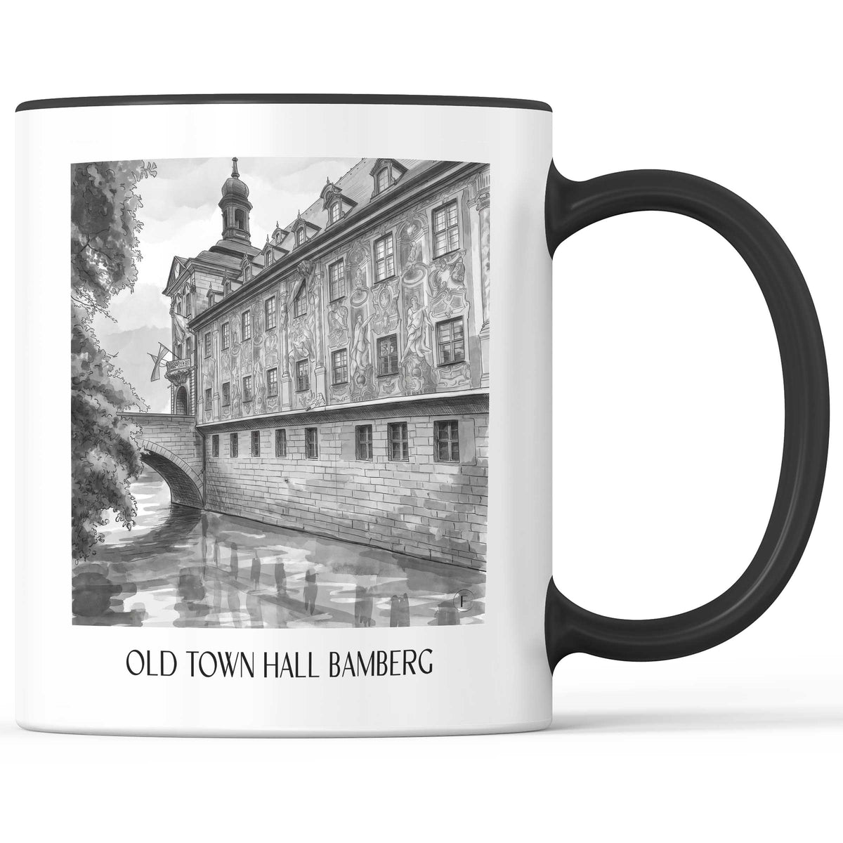 Altes Rathaus Kaffeebecher - Bamberg - Deutschland Becher - Kaffeetasse im Aquarell Schwarz-Weiß Stil - favplace
