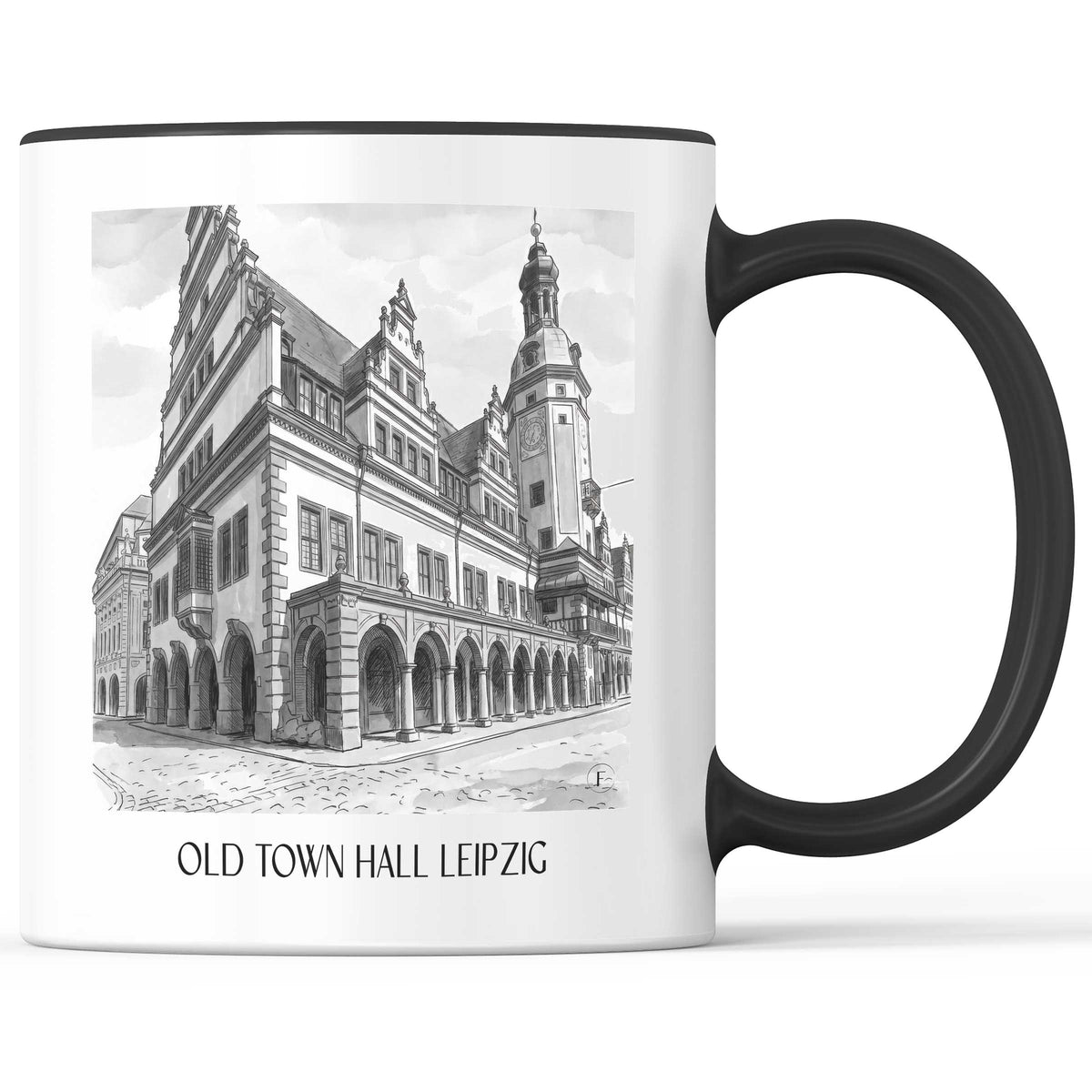 Altes Rathaus Kaffeebecher - Leipzig - Deutschland Becher - Kaffeetasse im Aquarell Schwarz-Weiß Stil - favplace