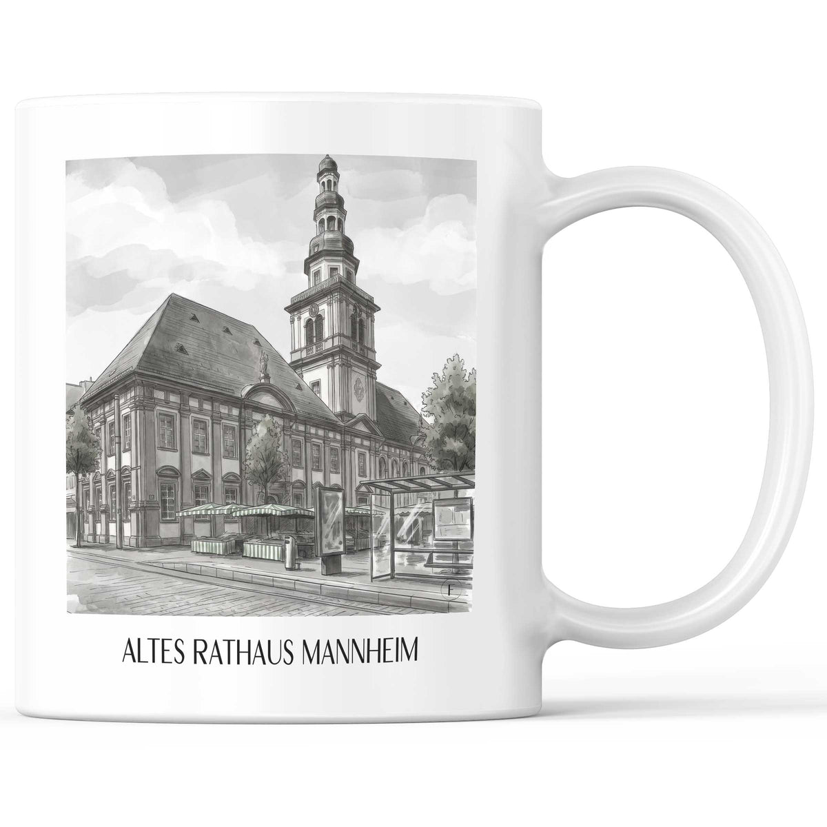 altes-rathaus-mannheim-deutschland-kaffeebecher-aquarell-schwarz-weiss