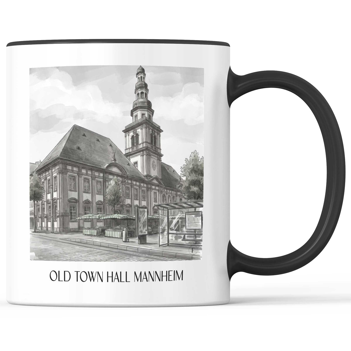 Altes Rathaus Kaffeebecher - Mannheim - Deutschland Becher - Kaffeetasse im Aquarell Schwarz-Weiß Stil - favplace