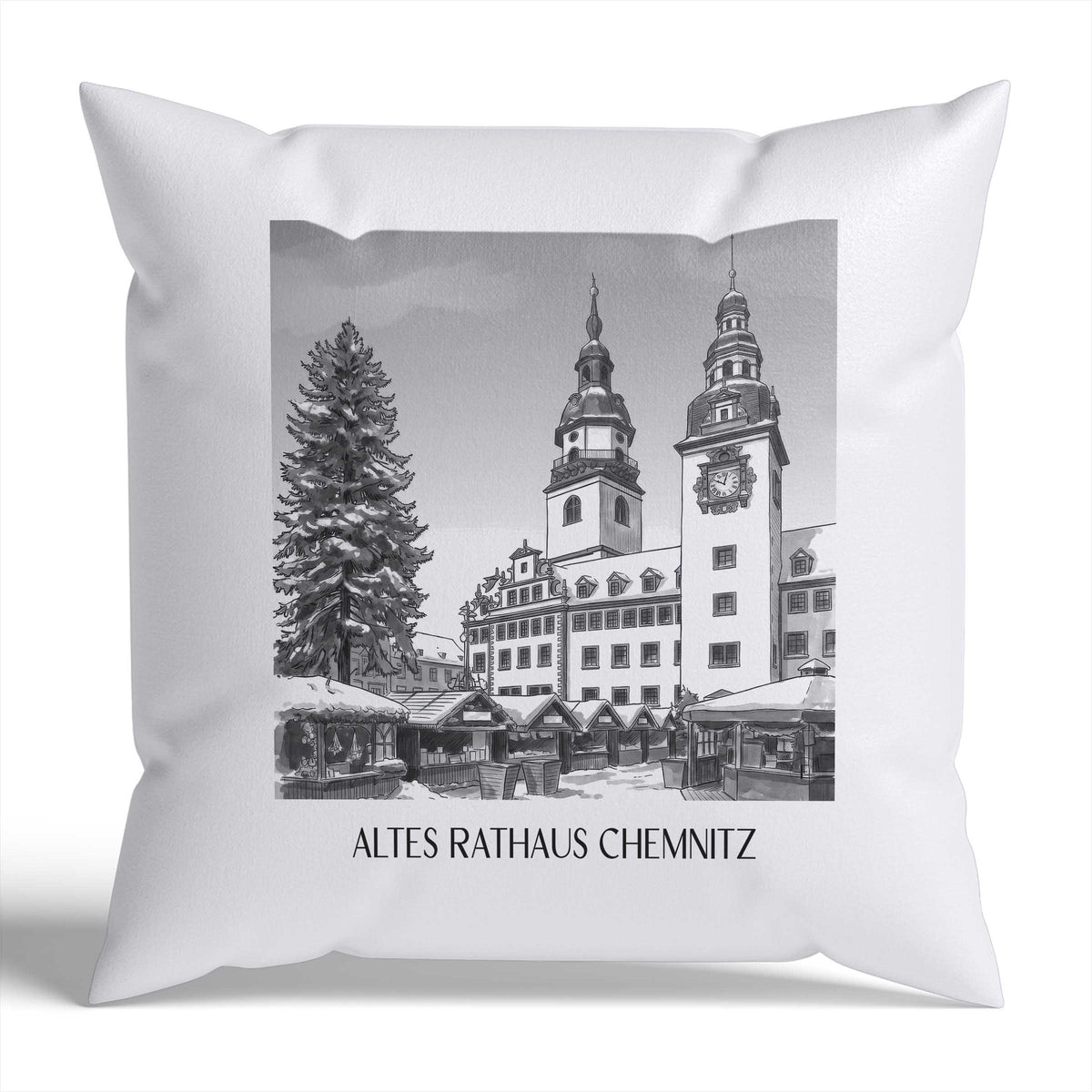 altes-rathaus-chemnitz-deutschland-kissenbezug-aquarell-schwarz-weiss