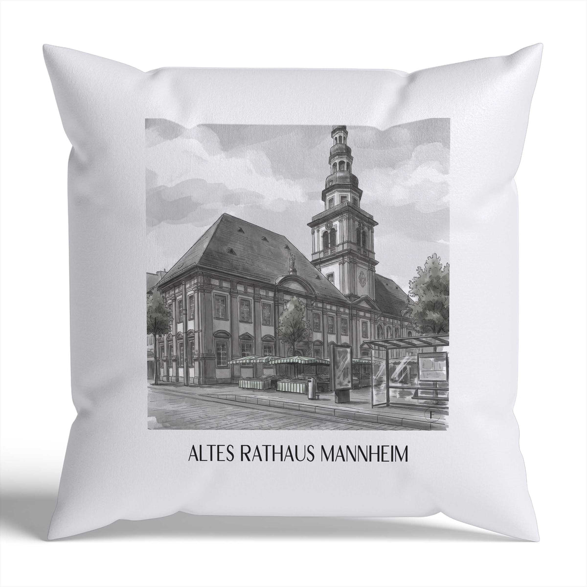 altes-rathaus-mannheim-deutschland-kissenbezug-aquarell-schwarz-weiss