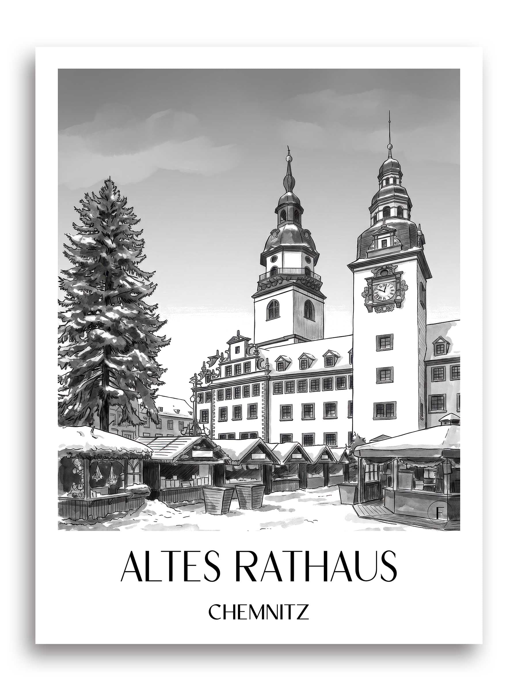 altes-rathaus-chemnitz-deutschland-poster-aquarell-schwarz-weiss