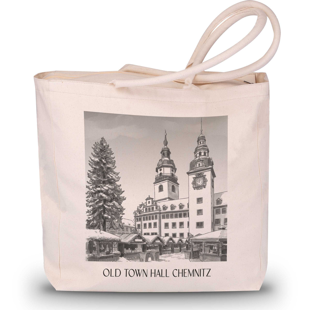 Altes Rathaus Shopping Tasche - Chemnitz - Deutschland Tote Bag - Einkaufstasche im Aquarell Schwarz-Weiß Stil - favplace