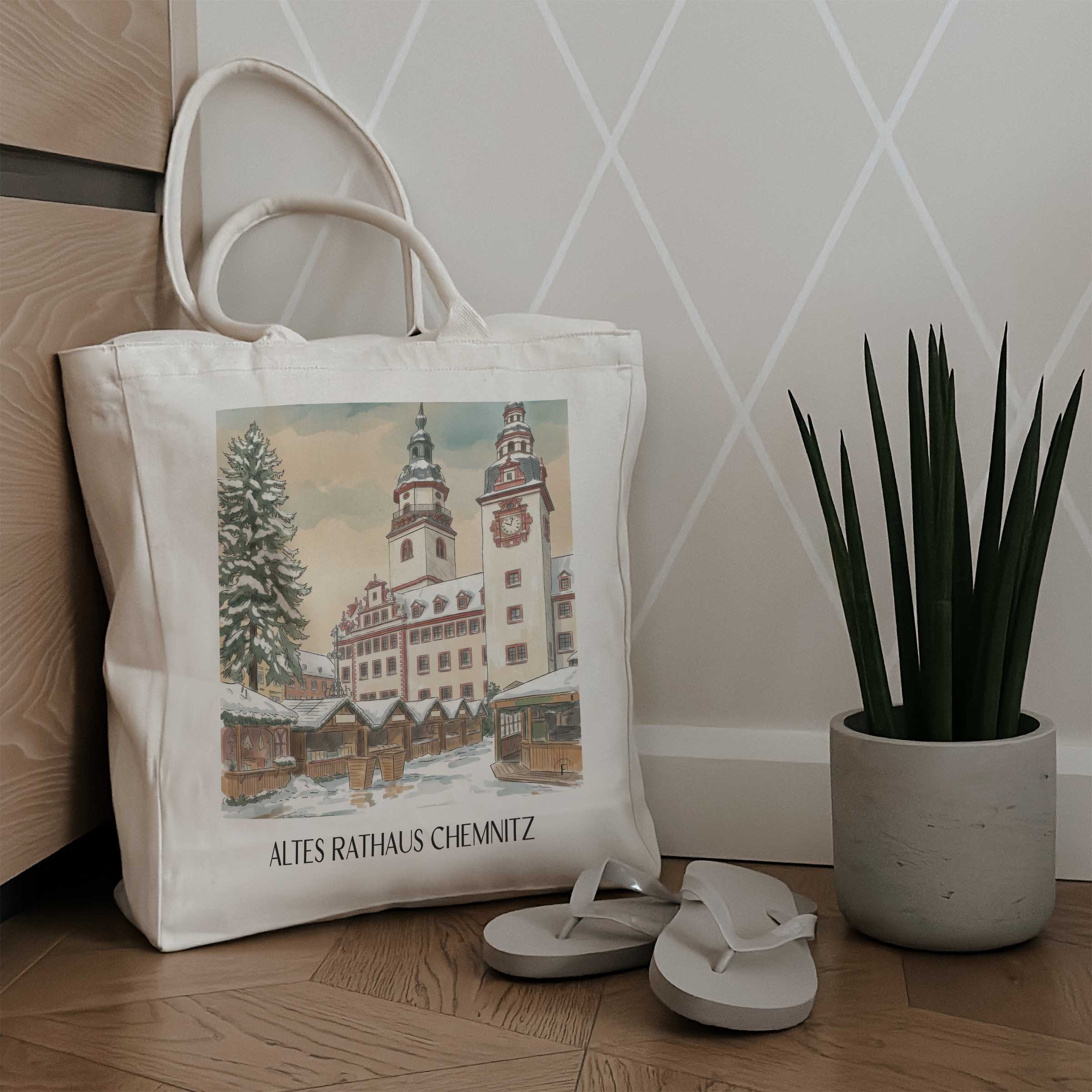 altes-rathaus-chemnitz-deutschland-einkaufstasche-aquarell