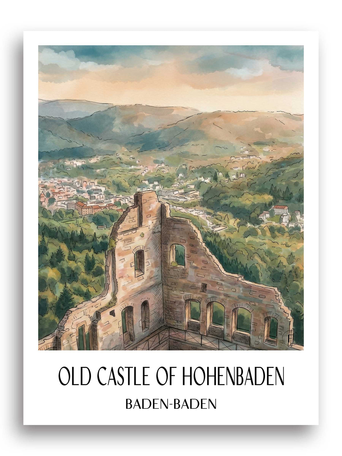 Altes Schloss zu Hohenbaden Poster - Baden-Baden - Deutschland Kunstdruck - Aquarell von A4 bis A1 - favplace