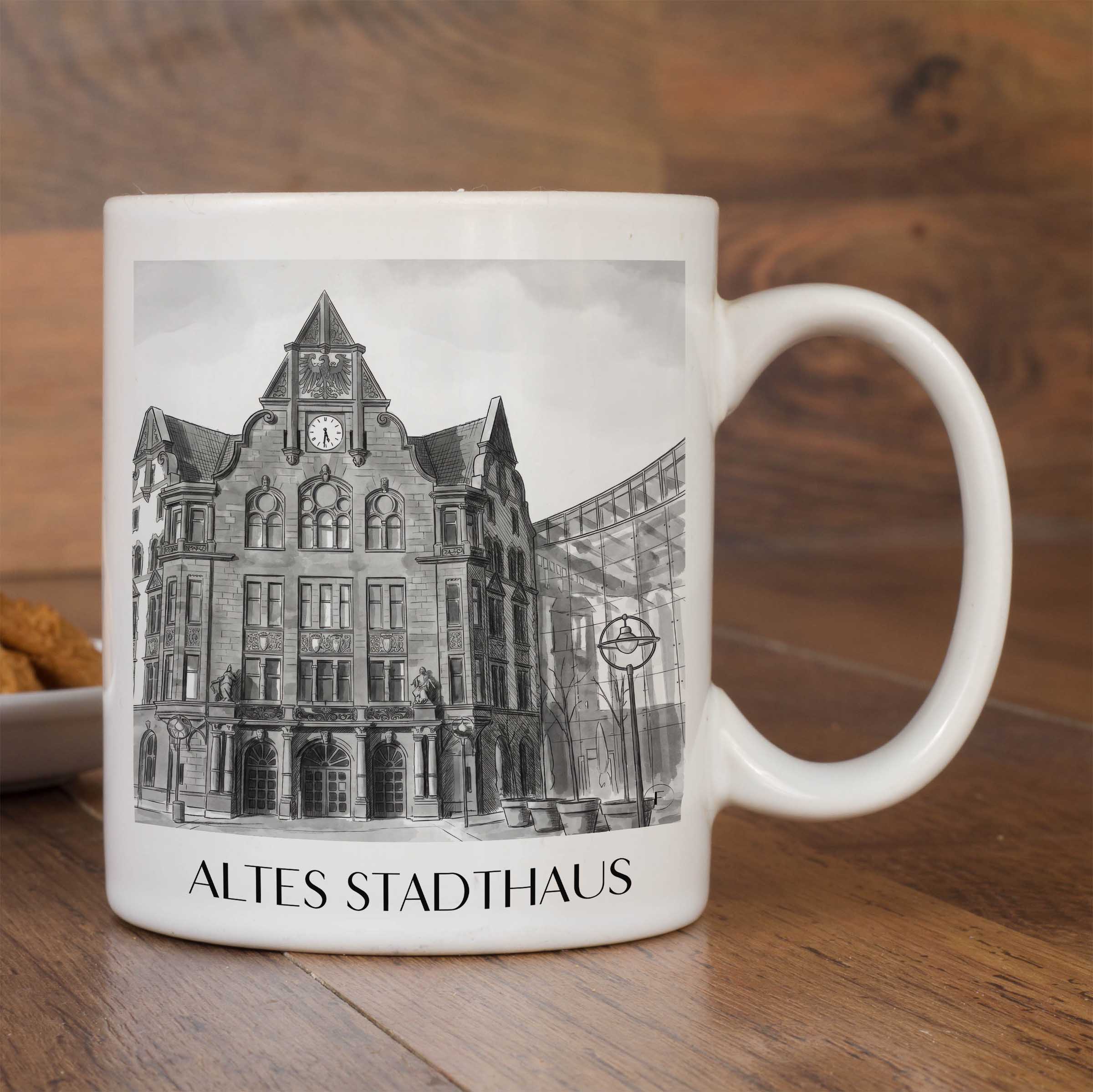 altes-stadthaus-dortmund-deutschland-kaffeebecher-aquarell-schwarz-weiss