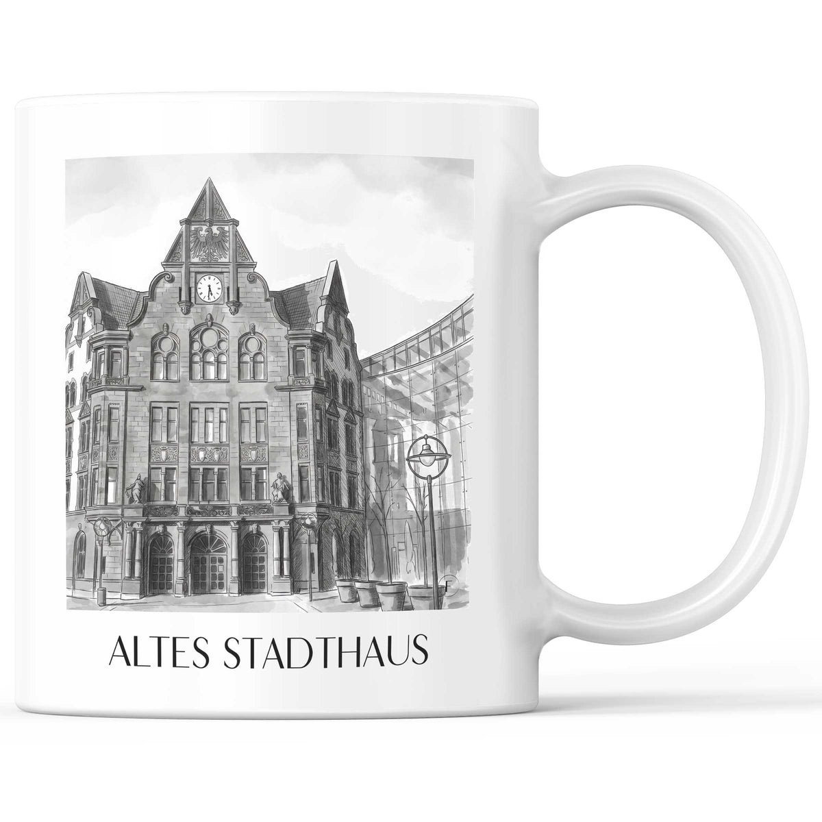 Altes Stadthaus Kaffeebecher - Dortmund - Deutschland Becher - Kaffeetasse im Aquarell Schwarz-Weiß Stil - favplace