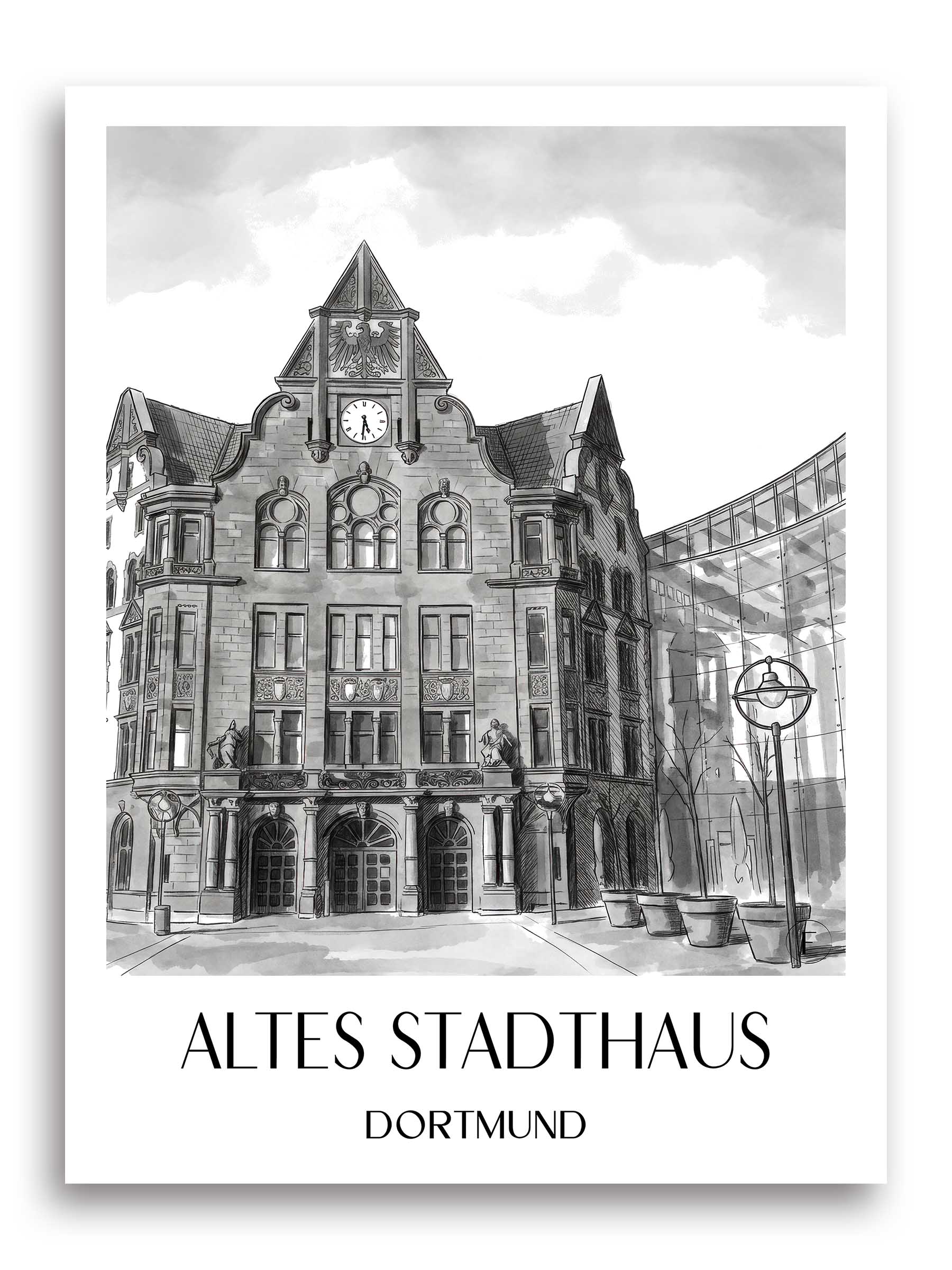 altes-stadthaus-dortmund-deutschland-poster-aquarell-schwarz-weiss