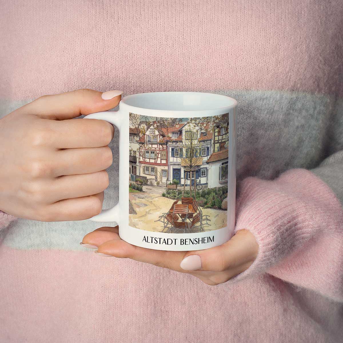 altstadt-bensheim-deutschland-kaffeebecher-aquarell