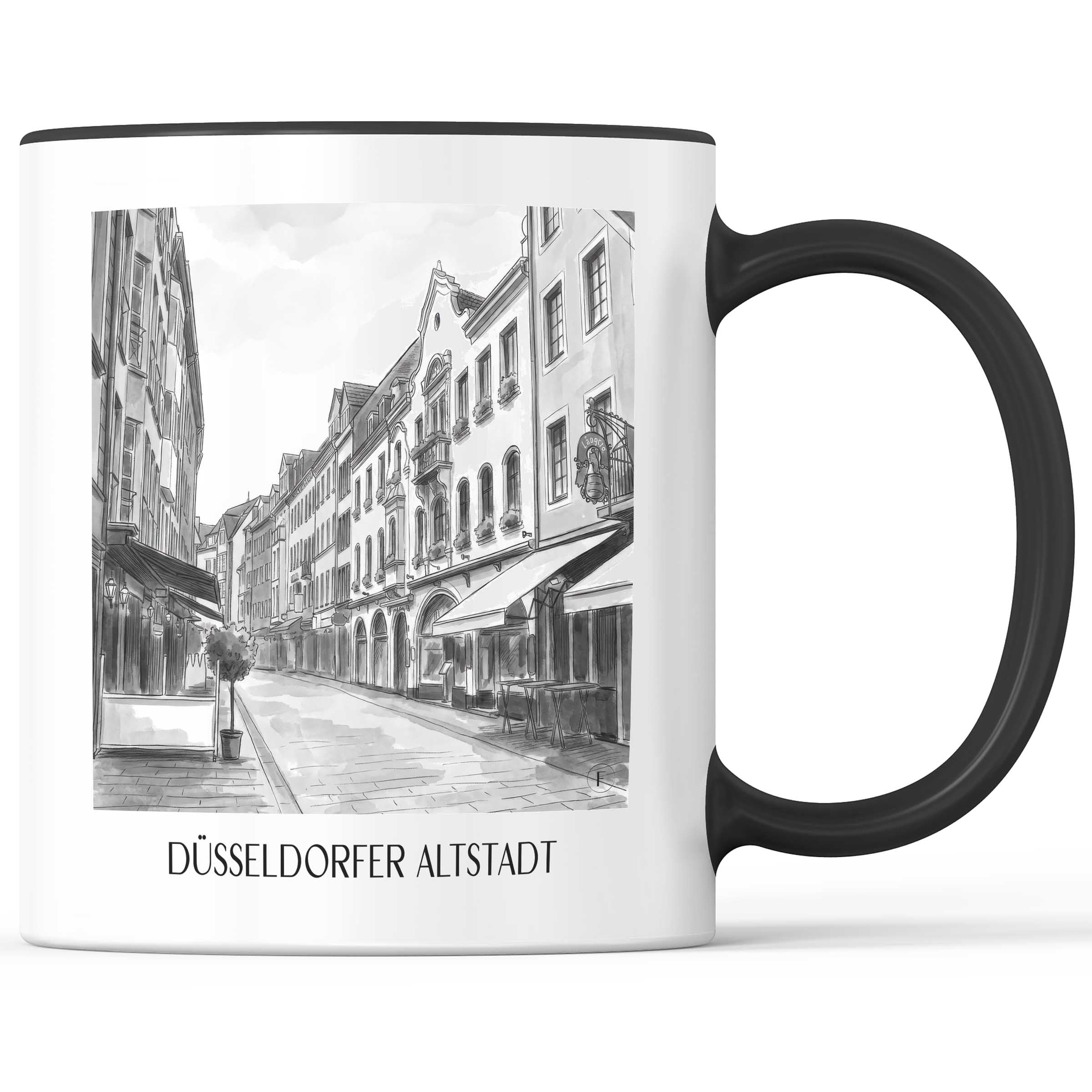 altstadt-düsseldorf-deutschland-kaffeebecher-aquarell-schwarz-weiss