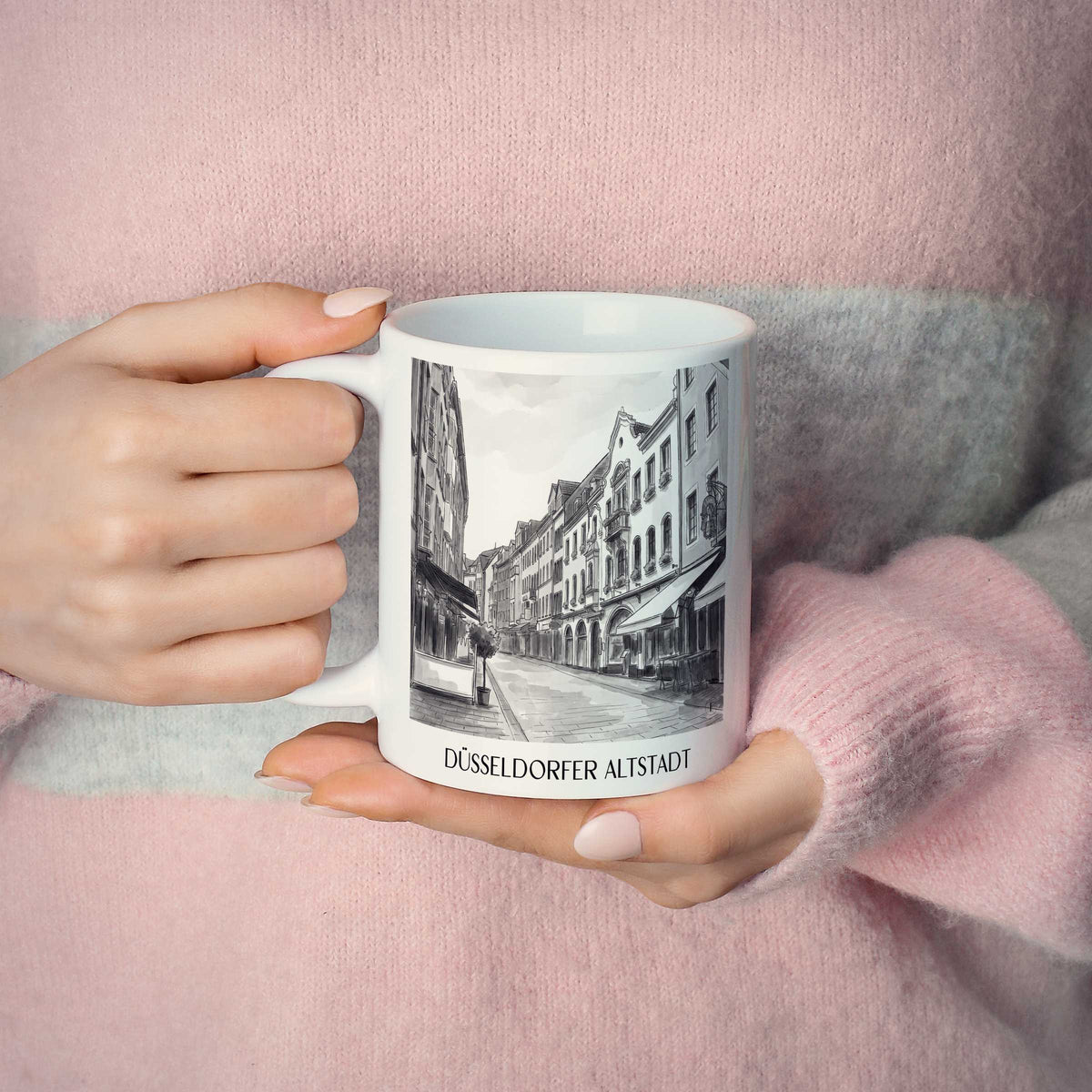 altstadt-düsseldorf-deutschland-kaffeebecher-aquarell-schwarz-weiss