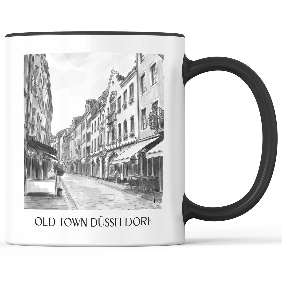 Altstadt Kaffeebecher - Düsseldorf - Deutschland Becher - Kaffeetasse im Aquarell Schwarz-Weiß Stil - favplace