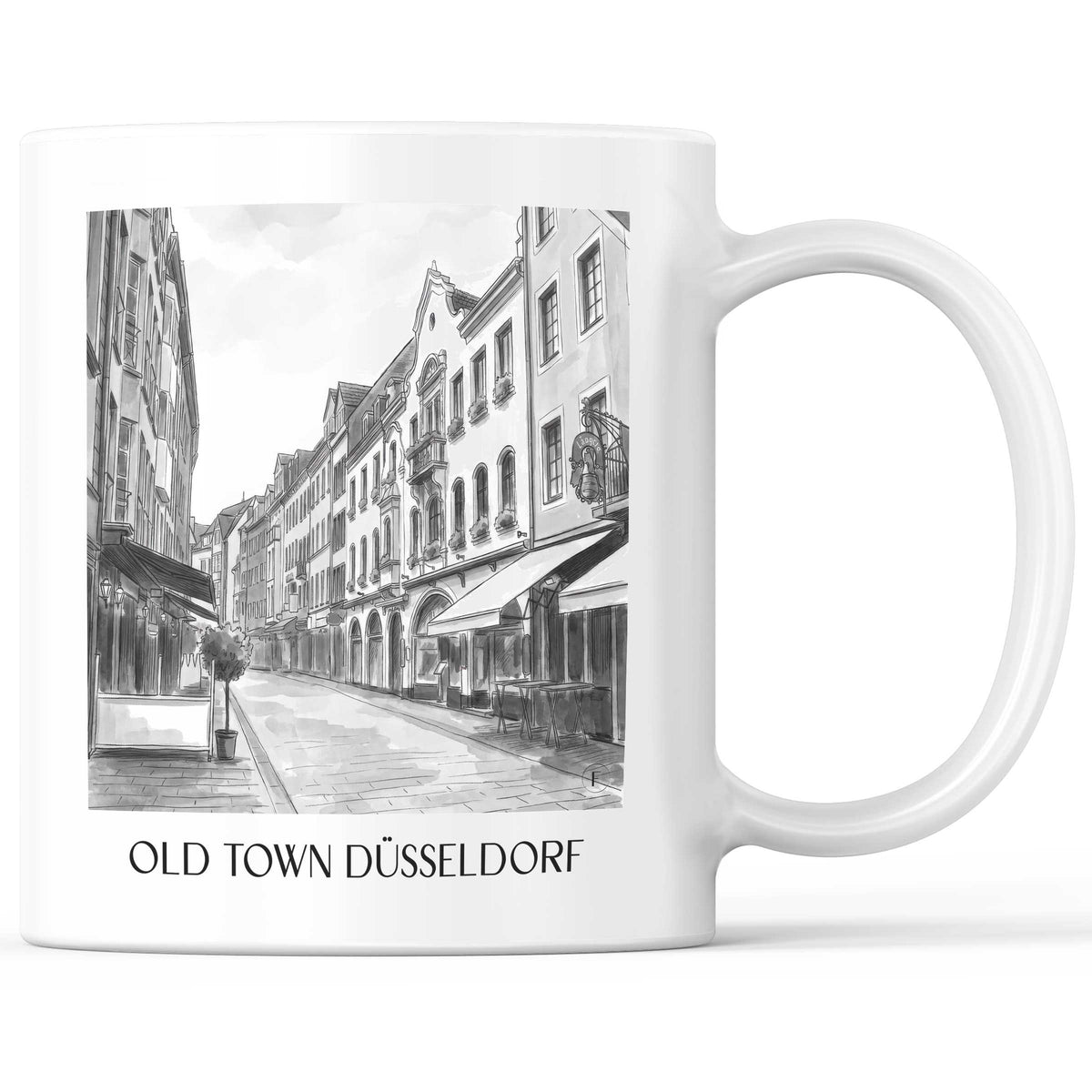 Altstadt Kaffeebecher - Düsseldorf - Deutschland Becher - Kaffeetasse im Aquarell Schwarz-Weiß Stil - favplace