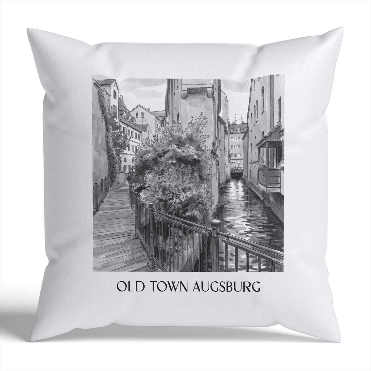 Altstadt Kissenhülle - Zierkissen Bezug - Augsburg - Deutschland Kissen bzw. Kissenbezug im Aquarell Schwarz-Weiß Stil - favplace