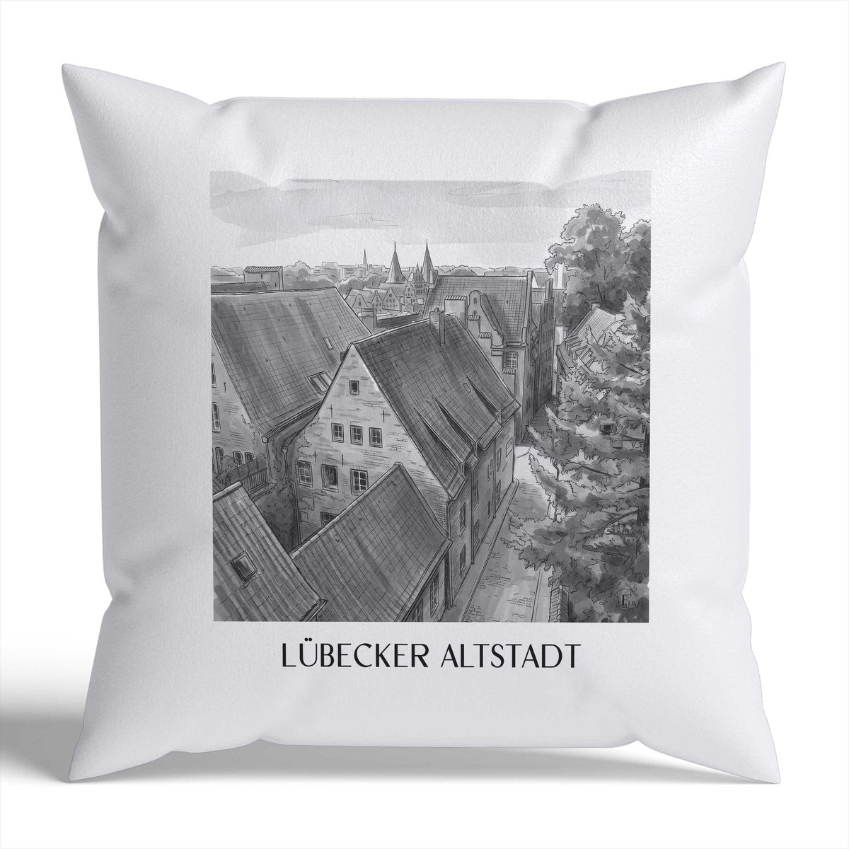 altstadt-lübeck-deutschland-kissenbezug-aquarell-schwarz-weiss