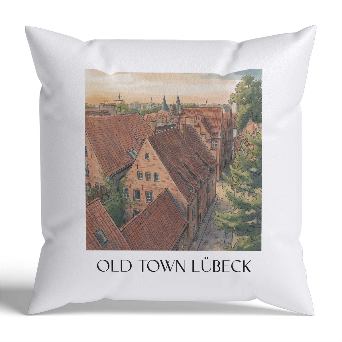 Altstadt Kissenhülle - Zierkissen Bezug - Lübeck - Deutschland Kissen bzw. Kissenbezug im Aquarell Stil - favplace