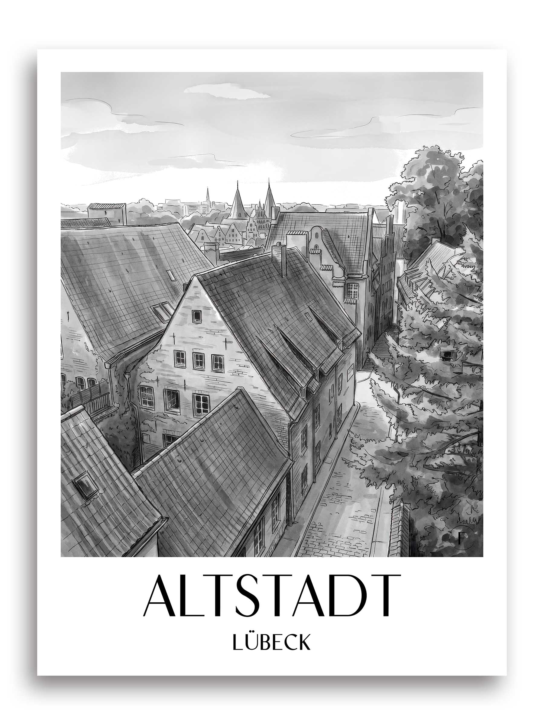 altstadt-lübeck-deutschland-poster-aquarell-schwarz-weiss