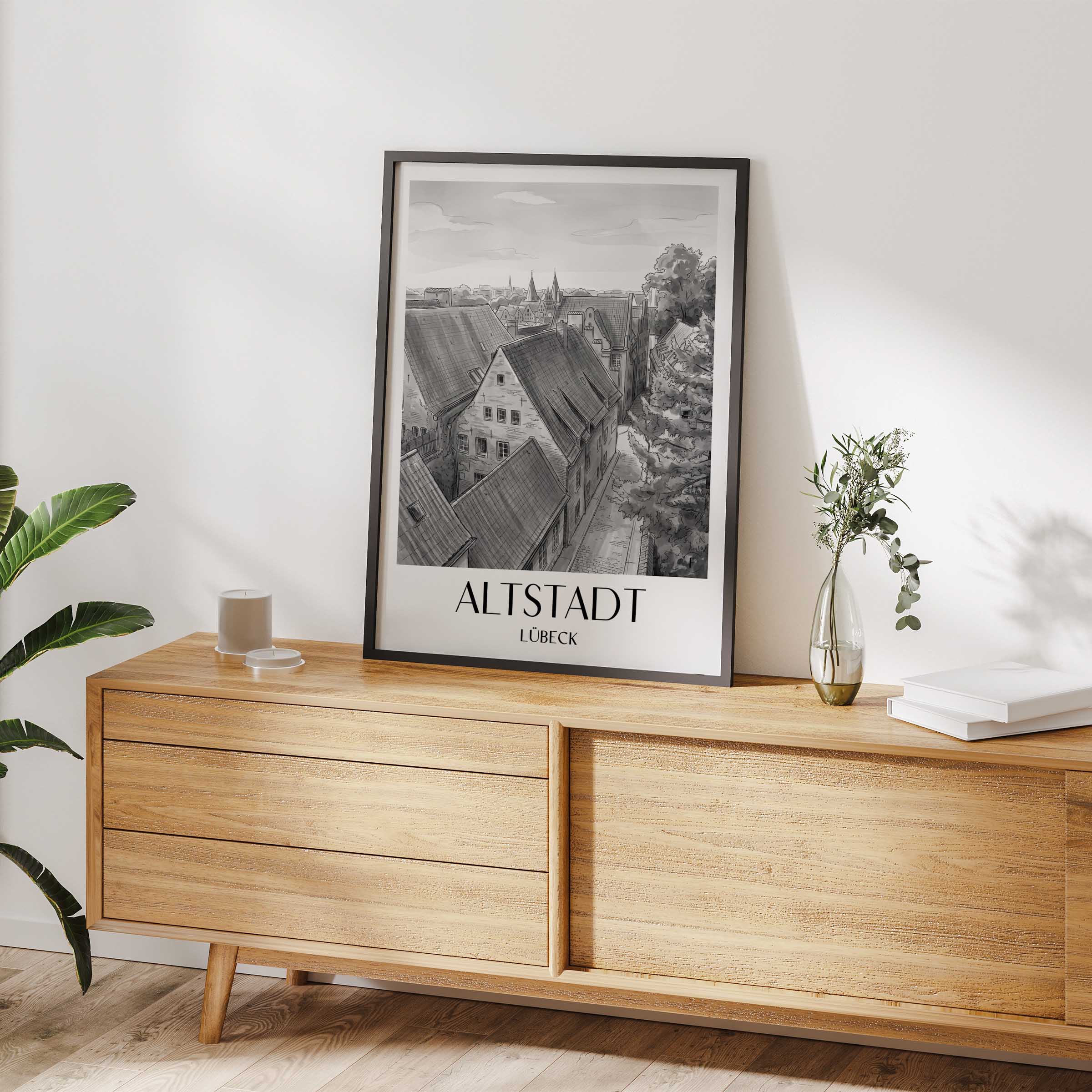 altstadt-lübeck-deutschland-poster-aquarell-schwarz-weiss