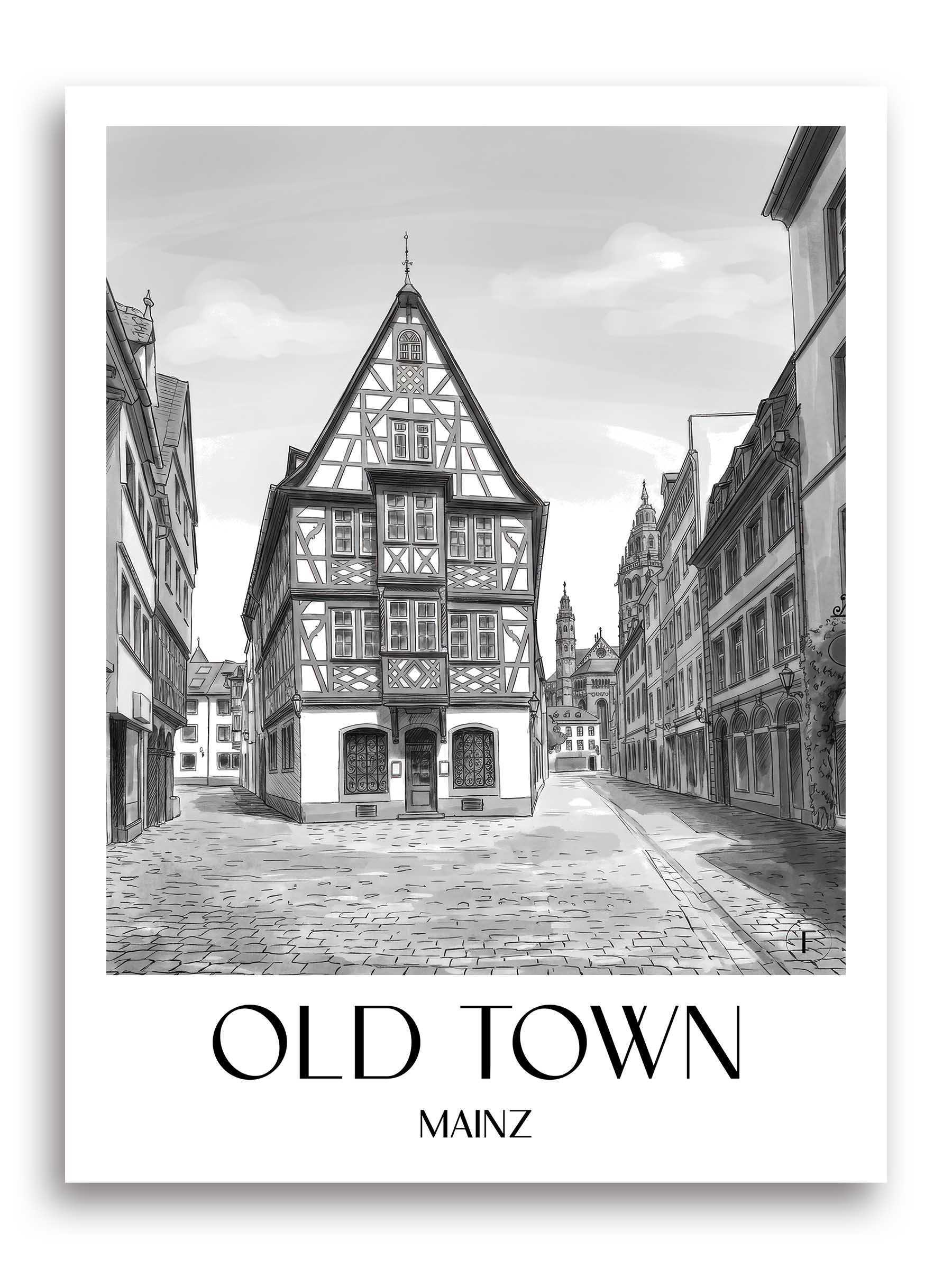 Altstadt Poster - Mainz - Deutschland Kunstdruck - Aquarell Schwarz-Weiß von A4 bis A1 - favplace