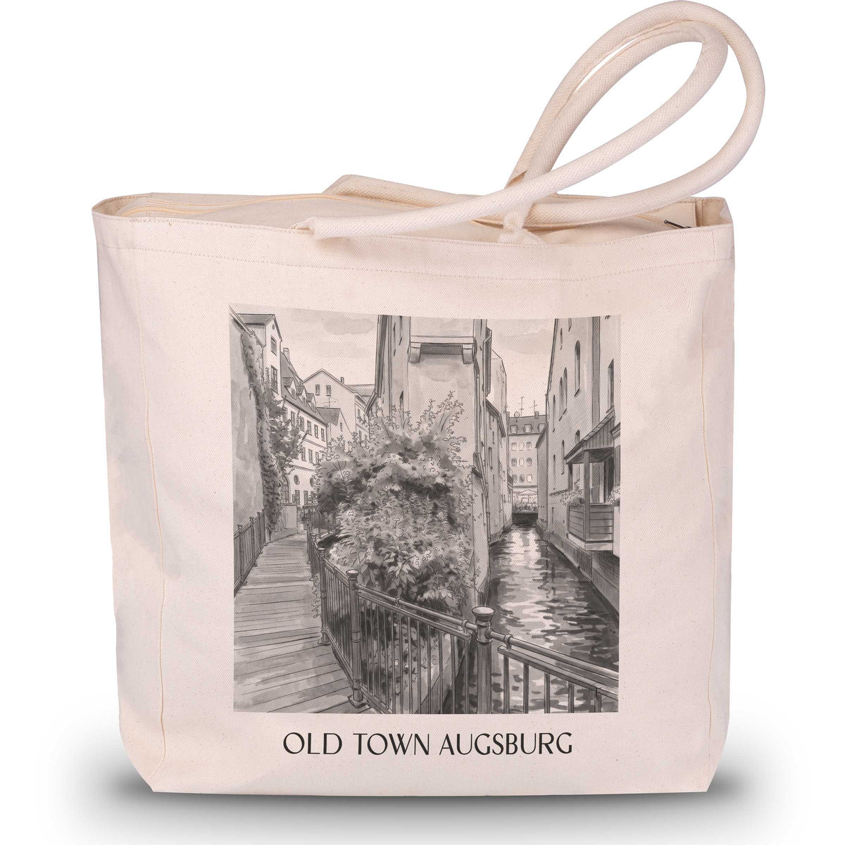 Altstadt Shopping Tasche - Augsburg - Deutschland Tote Bag - Einkaufstasche im Aquarell Schwarz-Weiß Stil - favplace