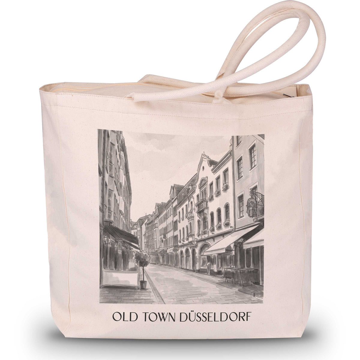 Altstadt Shopping Tasche - Düsseldorf - Deutschland Tote Bag - Einkaufstasche im Aquarell Schwarz-Weiß Stil - favplace