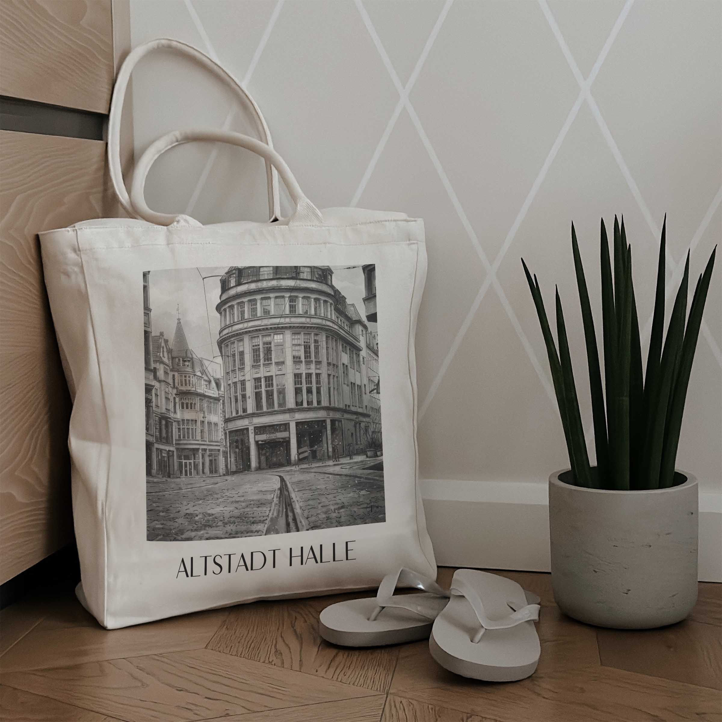 altstadt-halle-deutschland-einkaufstasche-aquarell-schwarz-weiss